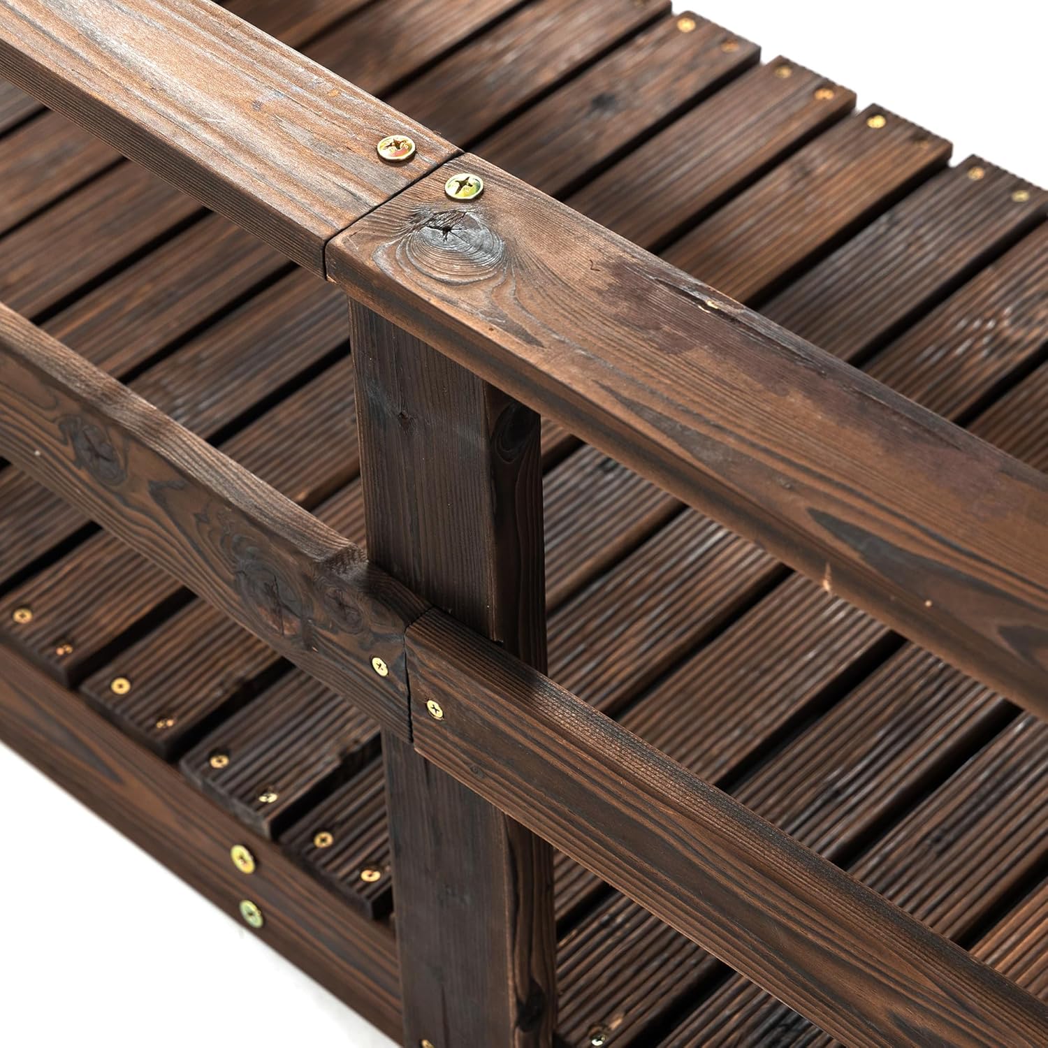 7' Wooden Garden Bridge with Safety Rails, Backyard Footbridge for Ponds, Creeks, and Streams, Stained Finish, 396 lbs Capacity