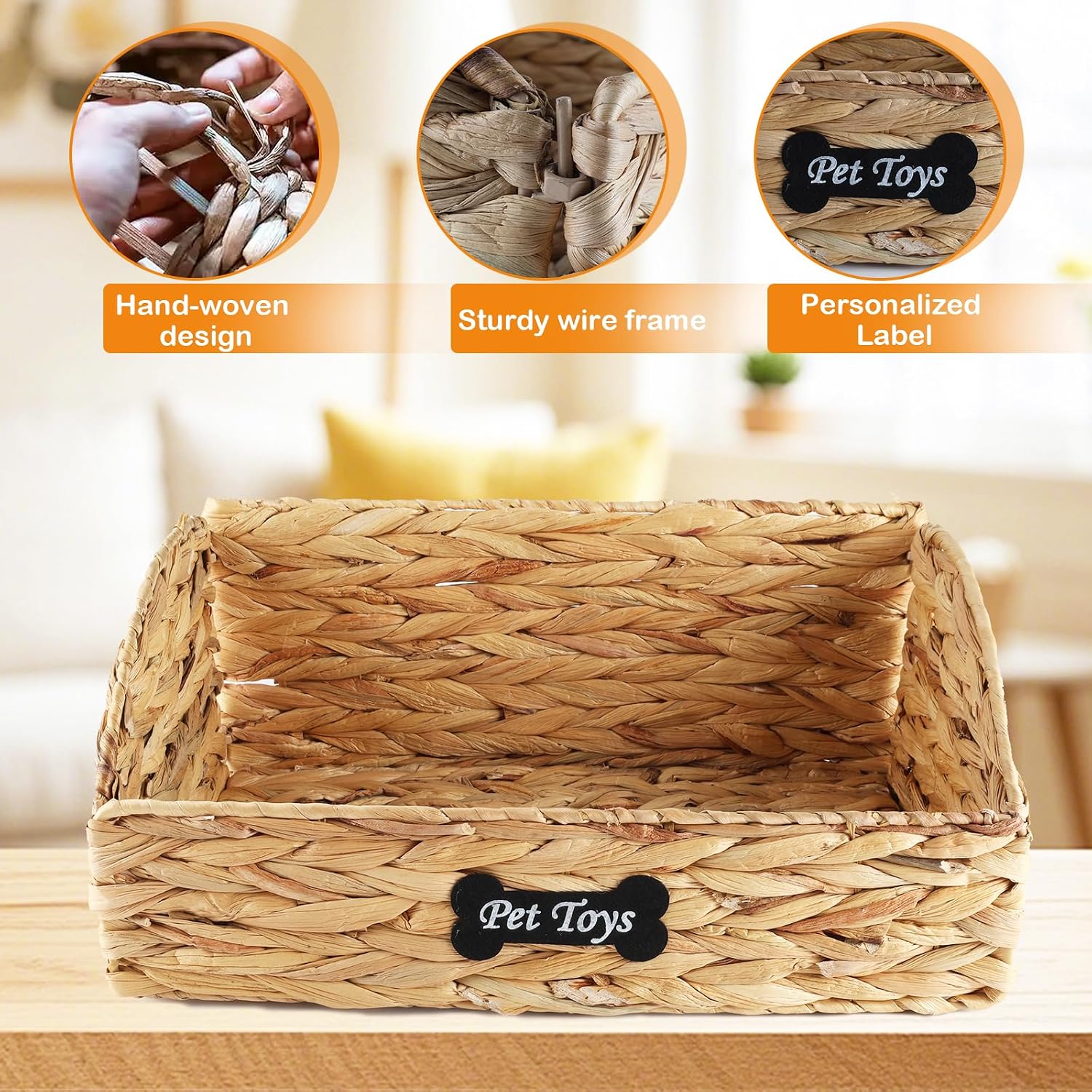 Trapezoid Pet Dog Toy Basket,Collapsible Dog Toy Bin,Wicker Basket for Dog Cat Toys,Pet Toy Box,Dog Storage Organizer for Leash Blanket Toys Snacks-Natural Farmhouse Water Hyacinth