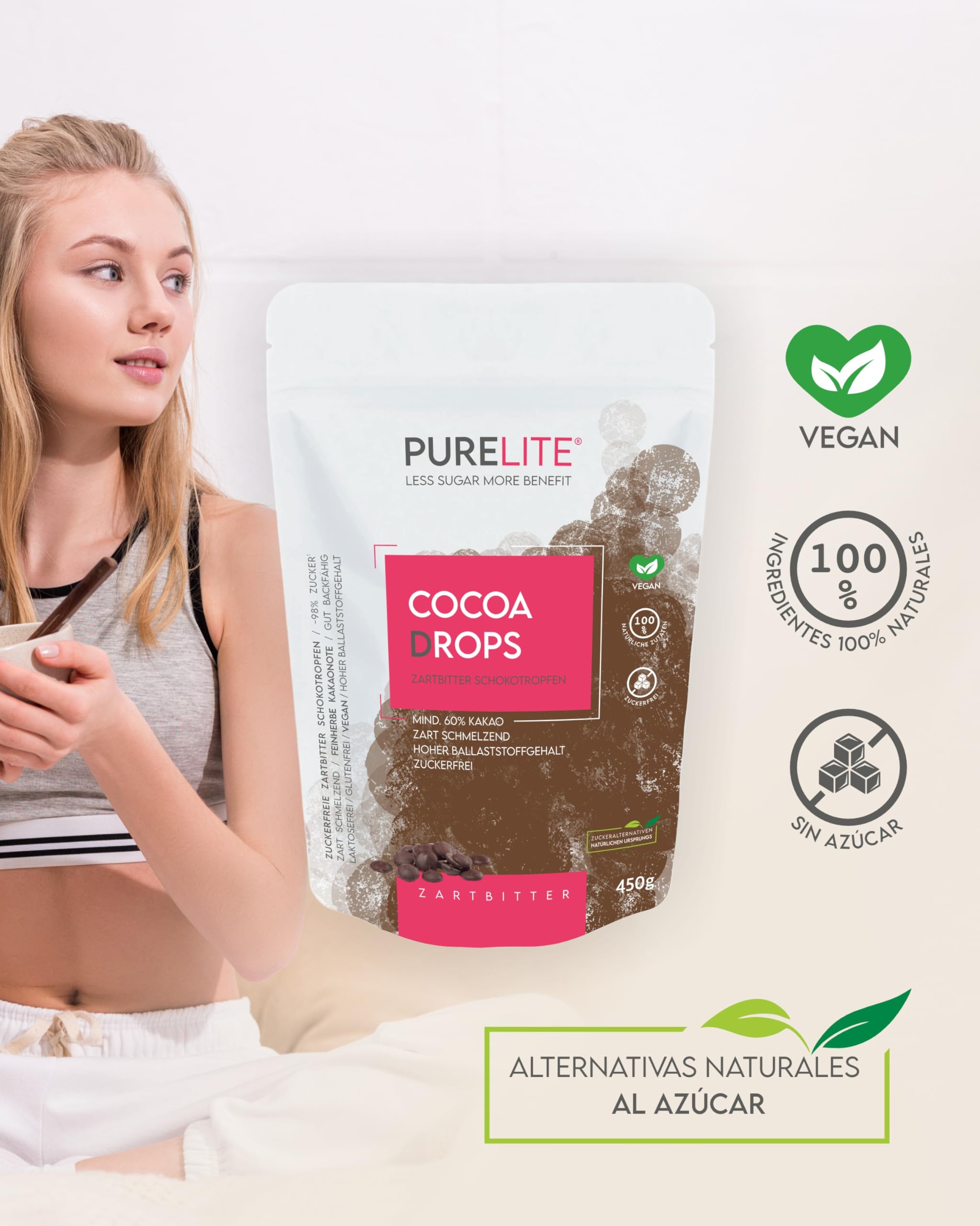 PURELITE Cocoa Drops cioccolato fondente vegan 450g, gocce grandi di cioccolato senza zuccheri aggiunti con eritritolo e stevia, senza retrogusto, attente alle calorie, min. 60% cacao