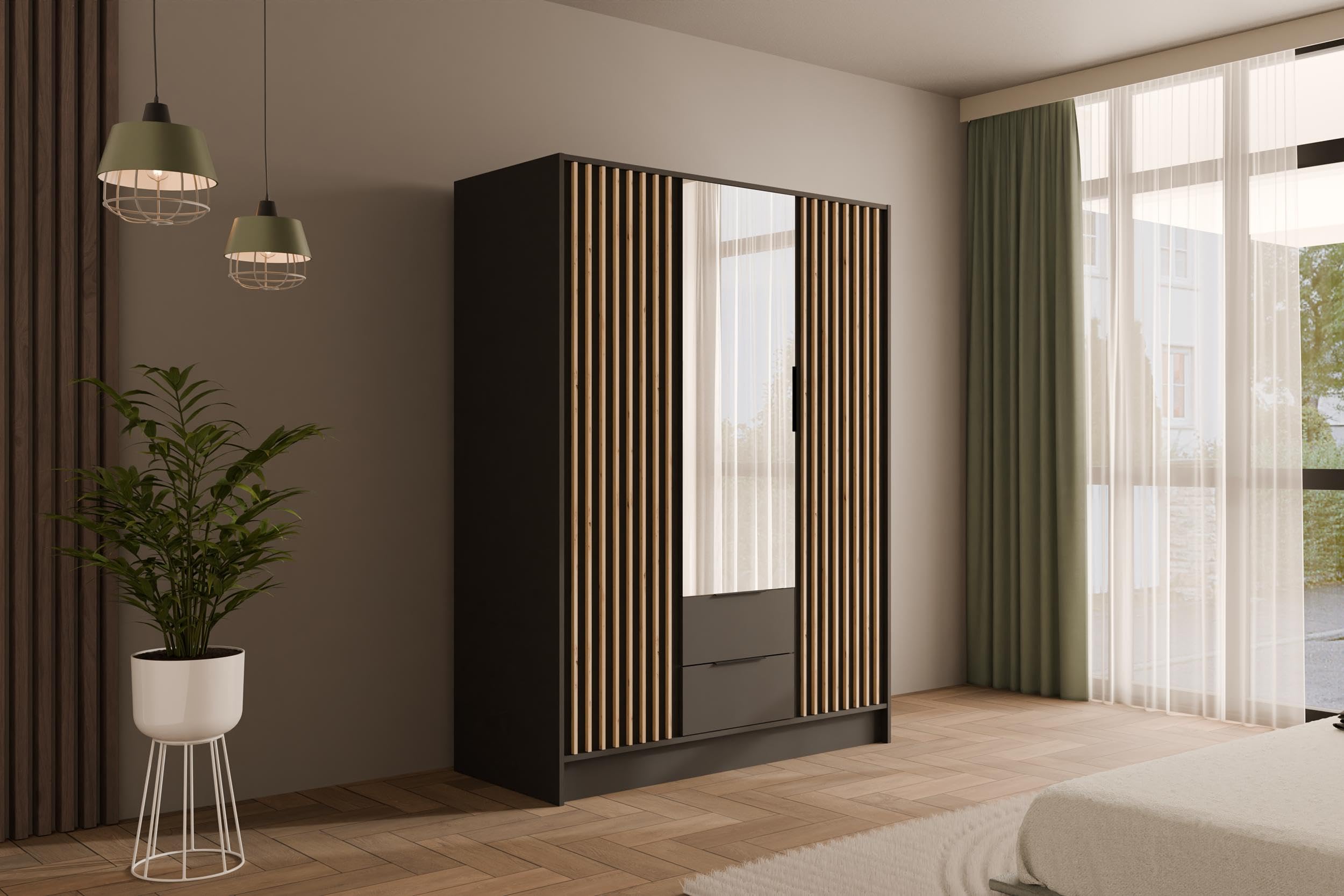 ALTDECOR Kleiderschrank mit Spiegel und selbstschließenden Lamellentüren, Lamellen, Flügeltüren - Nelia - 150 cm Graphit