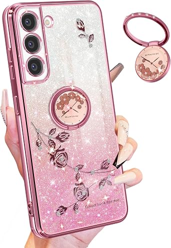 3in1 for Samsung Galaxy S21 Case Glitter Sparkly for Women Girls Sparkle Girly Bling Shiny Phone Cover Cute Flowers Floral Unique Design with Ring Pretty Cases for Galaxy S21 5G 6.2