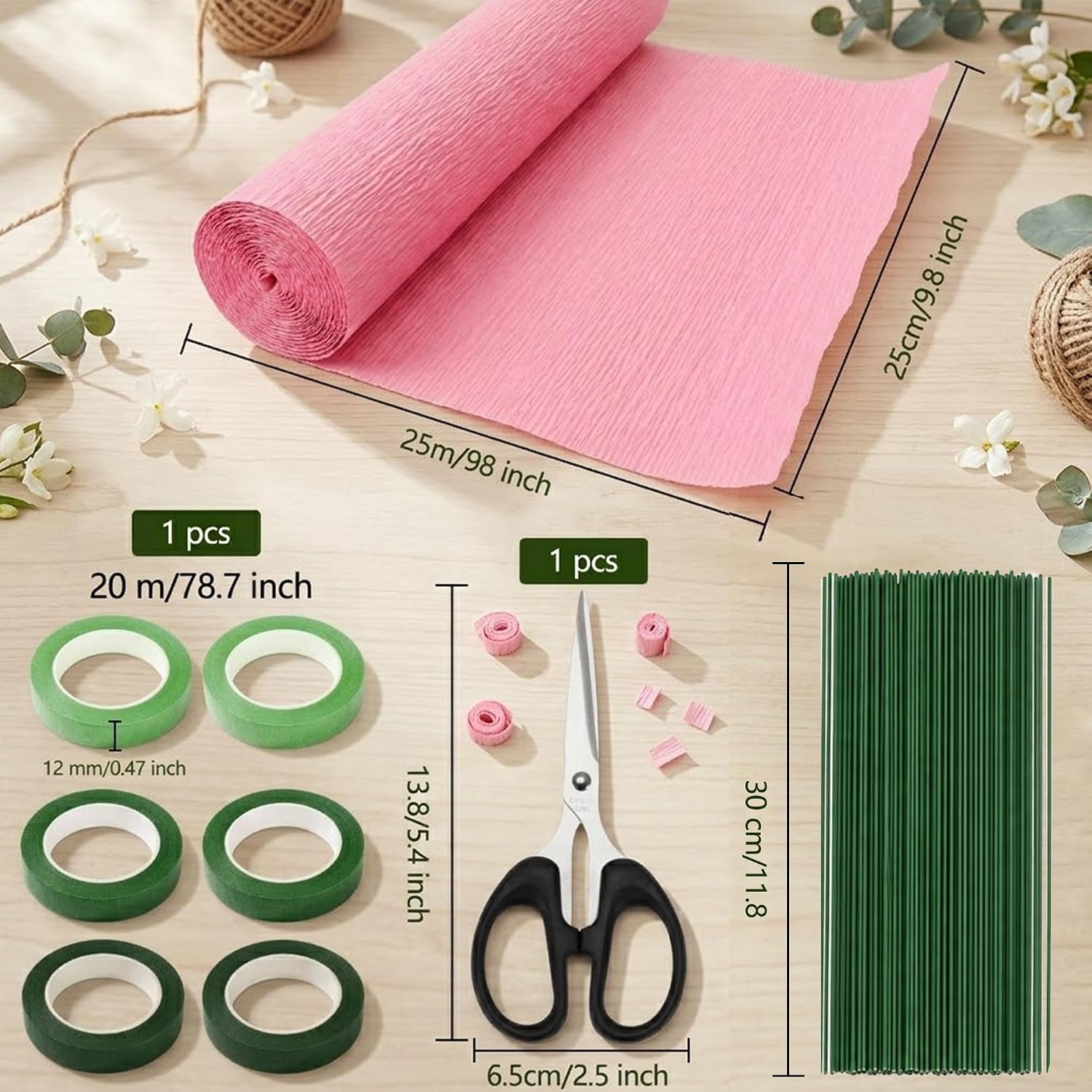 40 Rolls of 40-Color Bulk Crepe Paper, Including 100 Flower Stems and 6 Rolls of Tape, Plus a Free 5.43-inch Pair of Scissors Suitable for Bouquet Wrapping, DIY Crafts, Wedding and Party Decorations