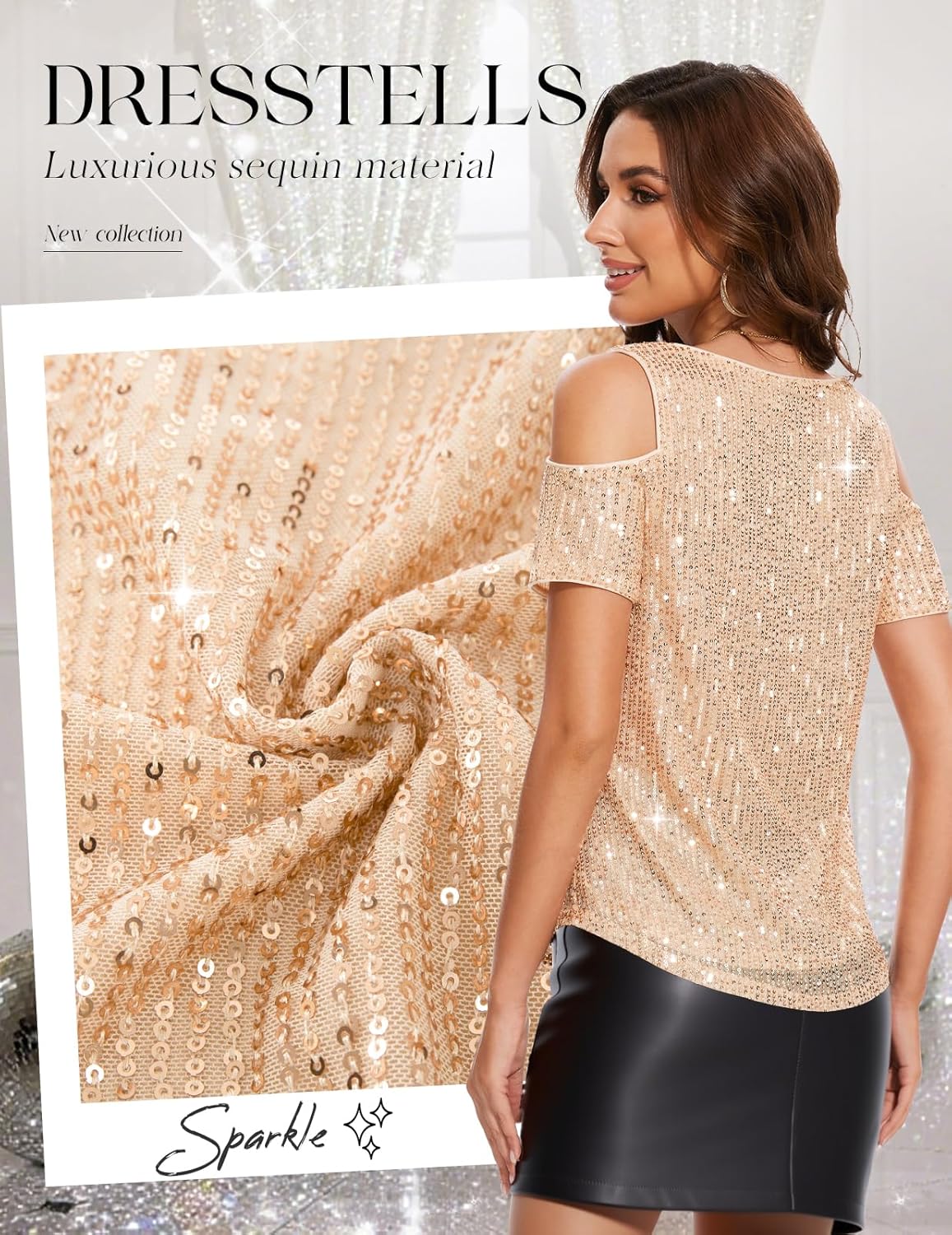 DRESSTELLS Women's Sequin Sparkly Tops, Holiday Party Glitter Easter V-Neck Short Sleeve Shirts for Concert Club - Image 4