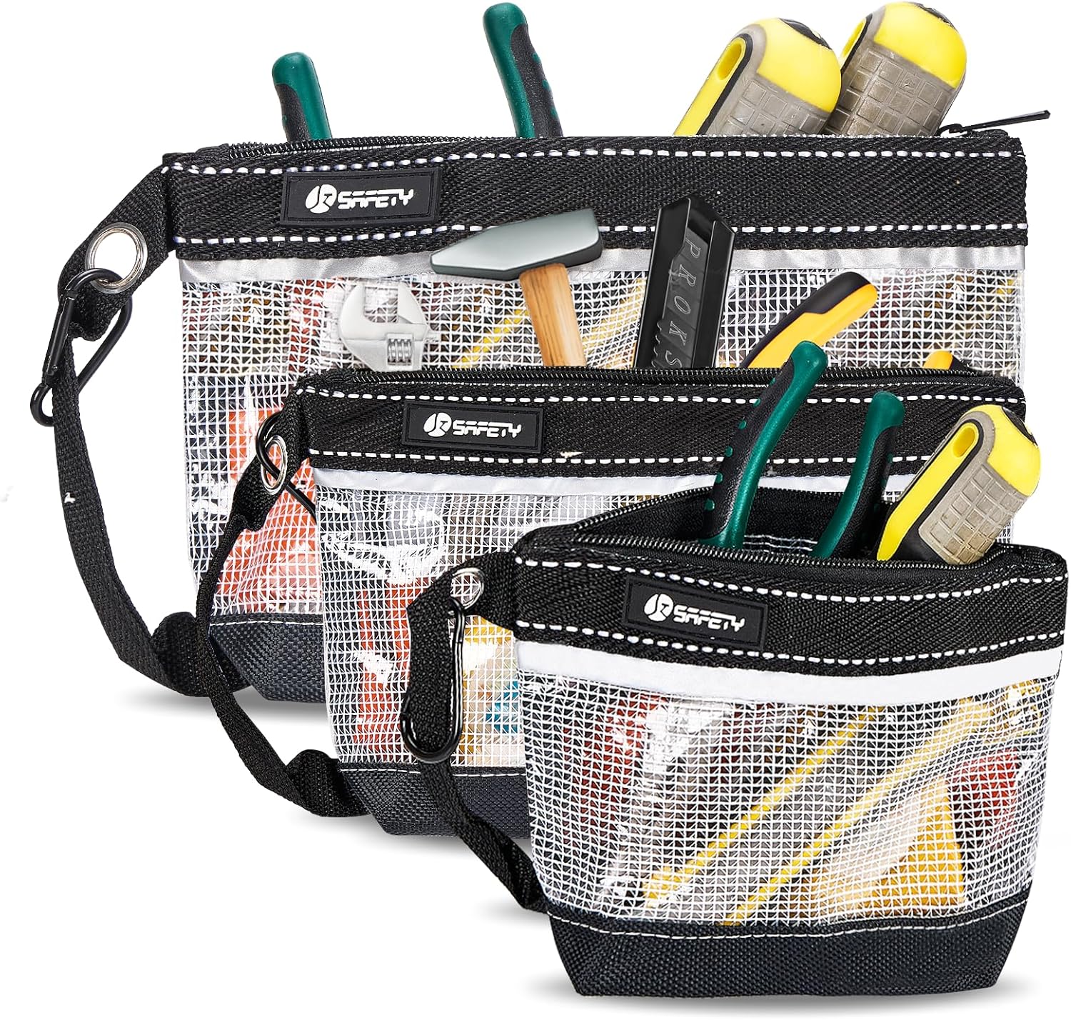JkSafety 3 Pack Waterproof Clear Small Zipper Tool Pouch Bags with Carabiner and Handle Strap