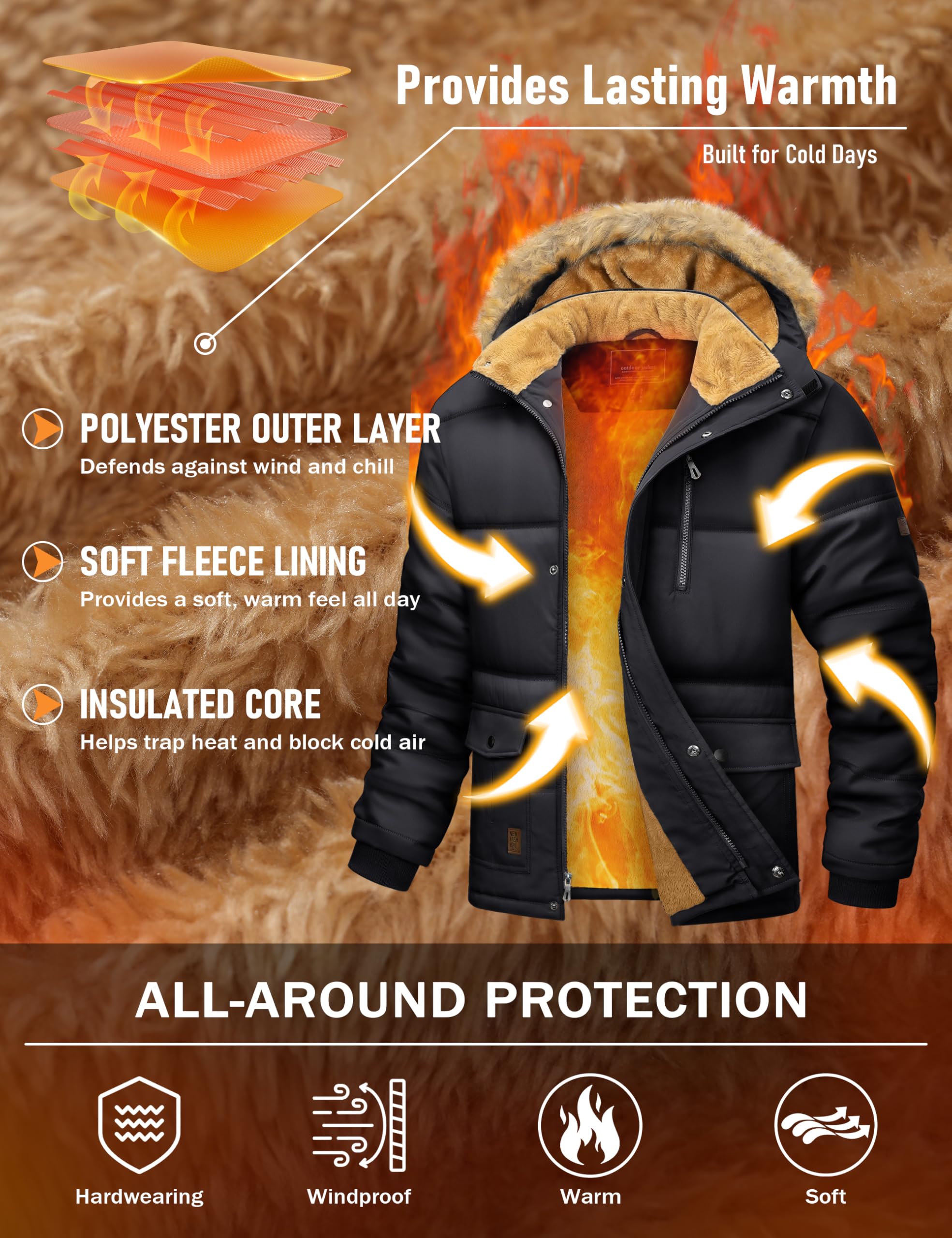 MAGCOMSEN Herren Winter Parka Jacke Winddicht Outdoor Warme Fleecejacke Freizeit Übergangsjacke Wasserabweisende Gefüttert Wanderjacke Verdickt Arbeits Jacken mit Abnehmbar Kapuze
