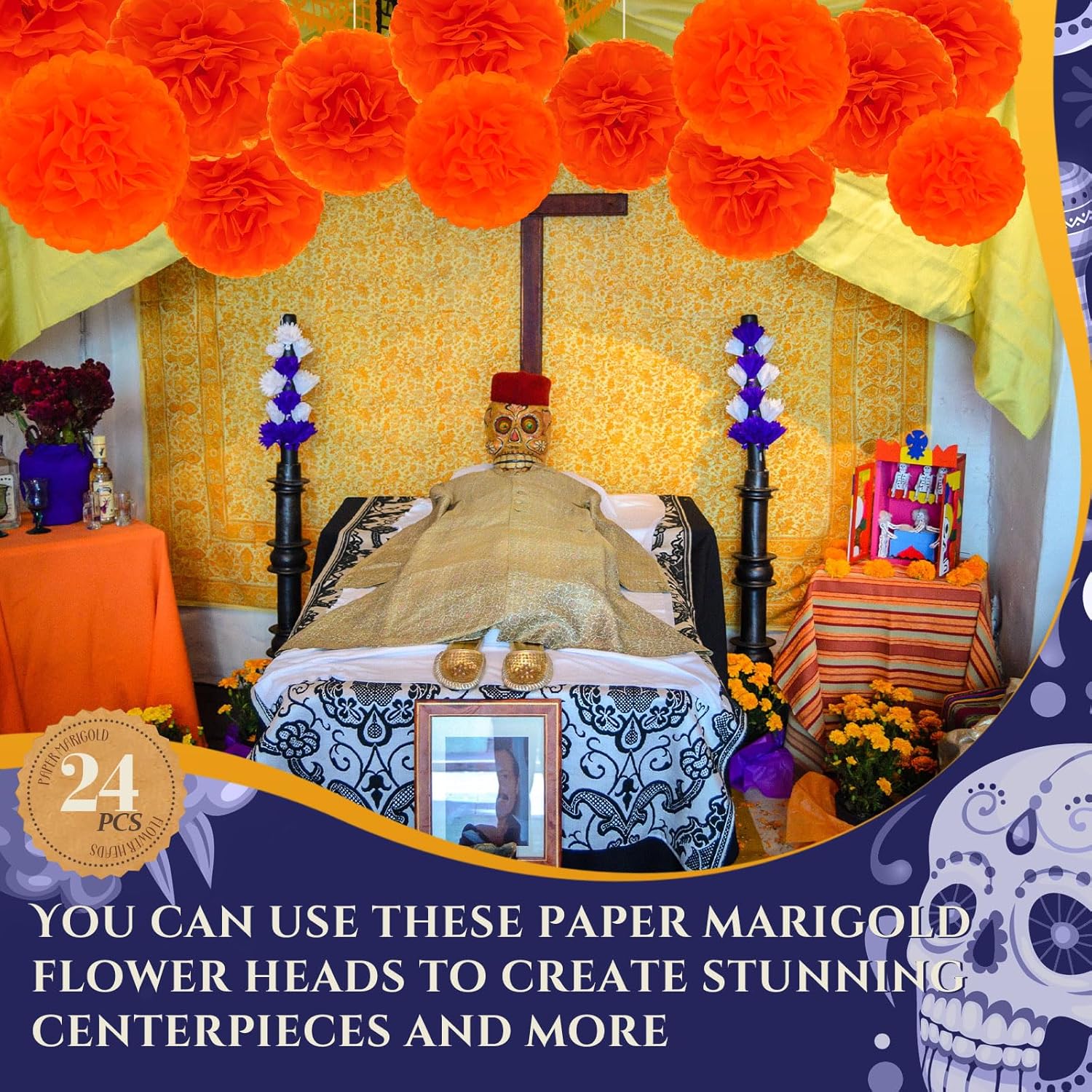 Tigeen 24 Pcs 10 Inch Orange Tissue Pom Poms Marigold Flower Pom Poms Day of The Dead Paper Flower Balls for Halloween Wedding Birthday Party Celebration DIY Decoration - Image 5