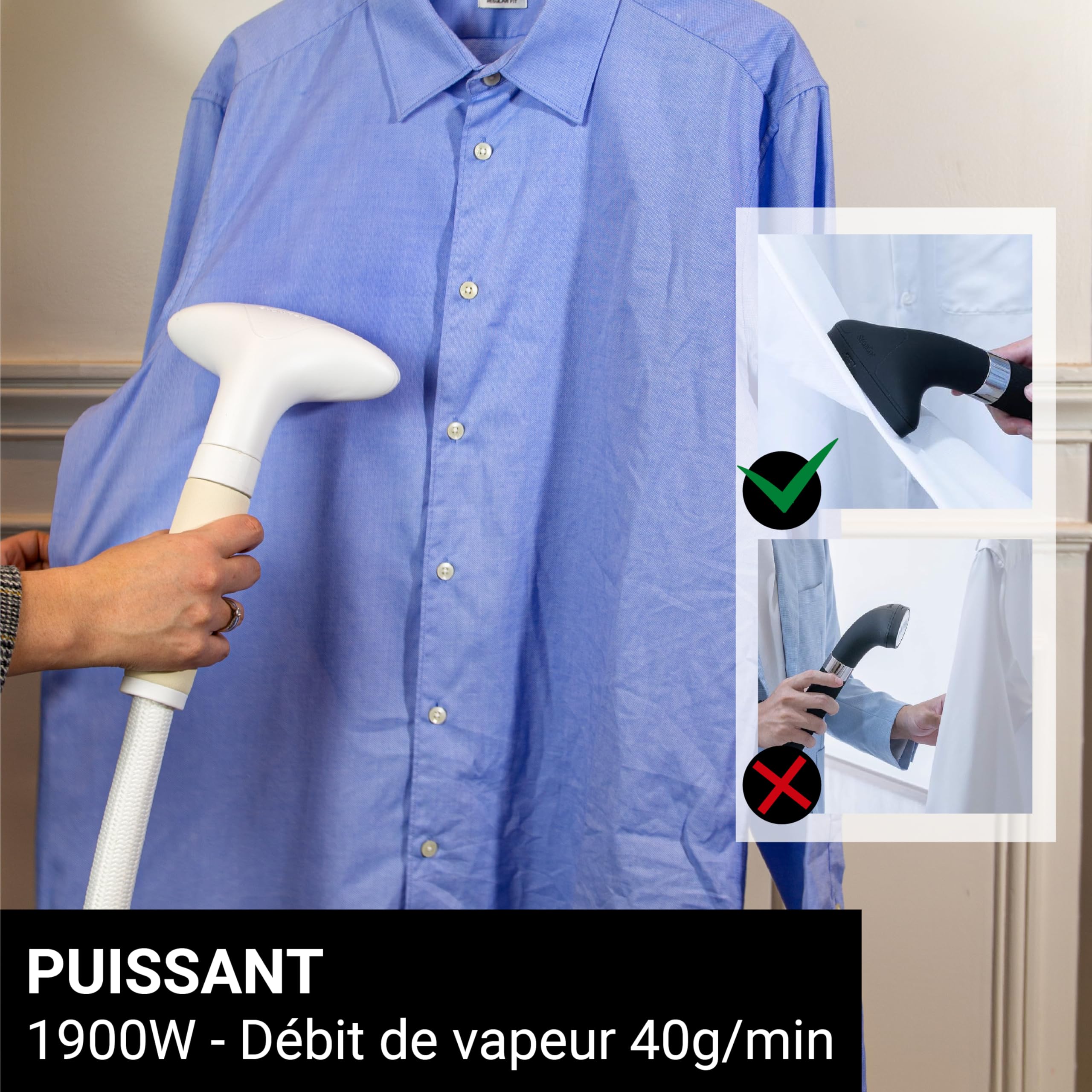 STEAMONE - Steamer Defroisseur Vapeur en Continue 1900W 40g/min - 1.2L Facile et Puissant - Cable 2.2m - Autonomie 60min - Élimine 99,99% d'Impuretés - Prêt en 30s - 2 Niveaux de Puissance EUH2020W