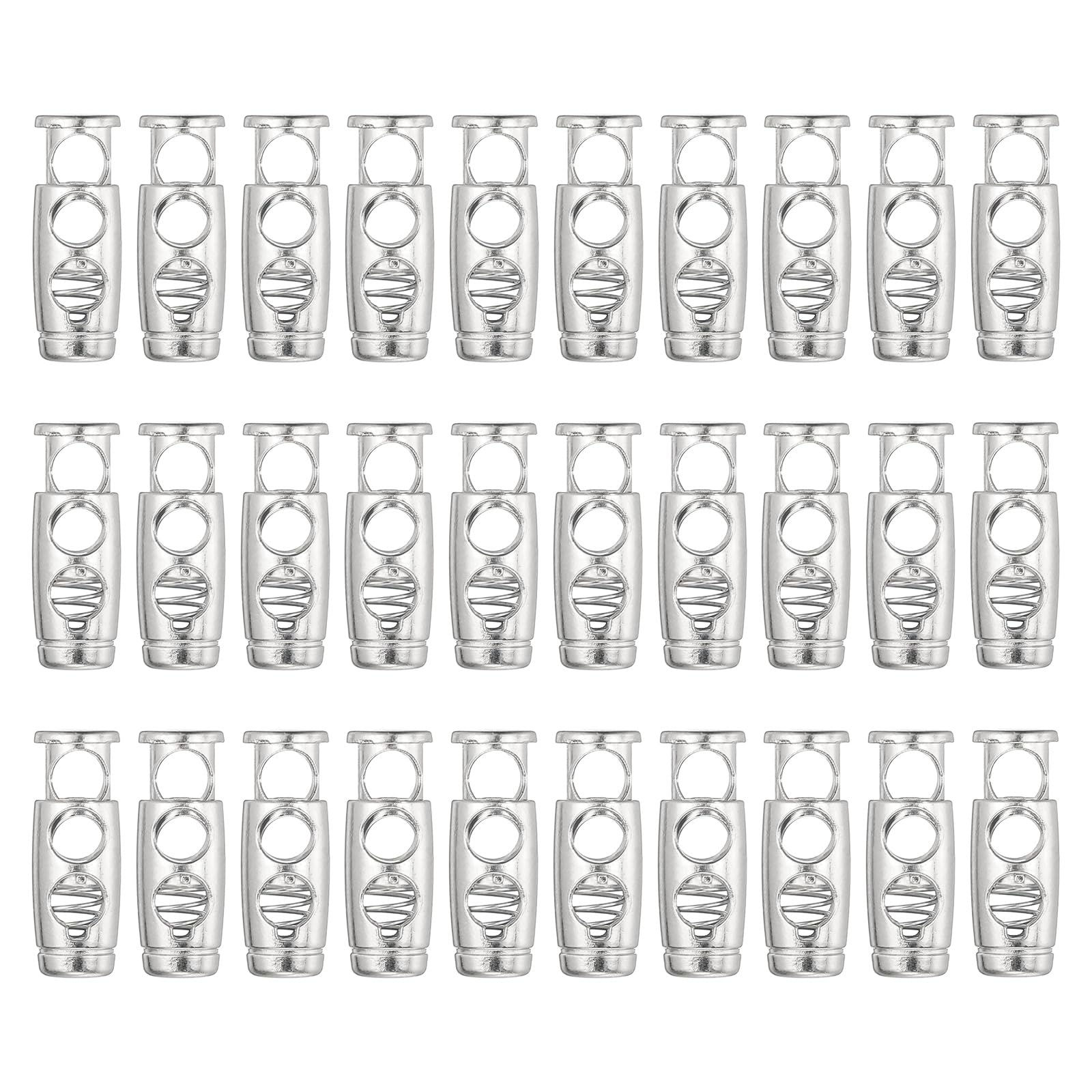 PATIKIL 30PCS Metal Cord Locks for Drawstrings Spring Cord Lock Toggles Stopper Clamp 2 Holes Adjustable Slider End Fastener for Paracord Outdoor Bag Shoes Backpack Silver