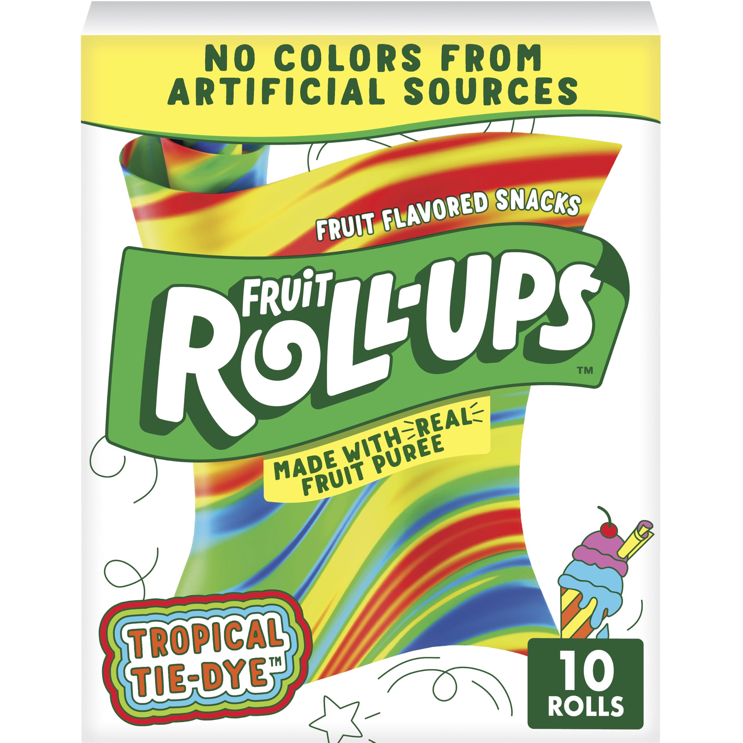 Fruit Roll-Ups Tropical Tie-Die Fruit Flavored Snacks, 10 ct, 0.5 oz | Gluten Free & Gelatin Free, Each Roll Includes Tongue Tattoos, Individually Wrapped for Lunchboxes & On-The-Go Snacking