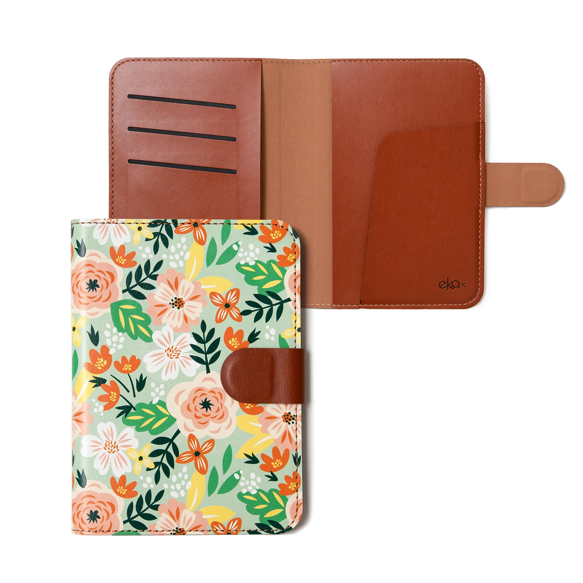 EKAX Leatherette Passport Holder with Floral Patterns, Premium PU Leather, Snap Button Closure, Travel Wallet Cover for Passport, Boarding Pass, and
