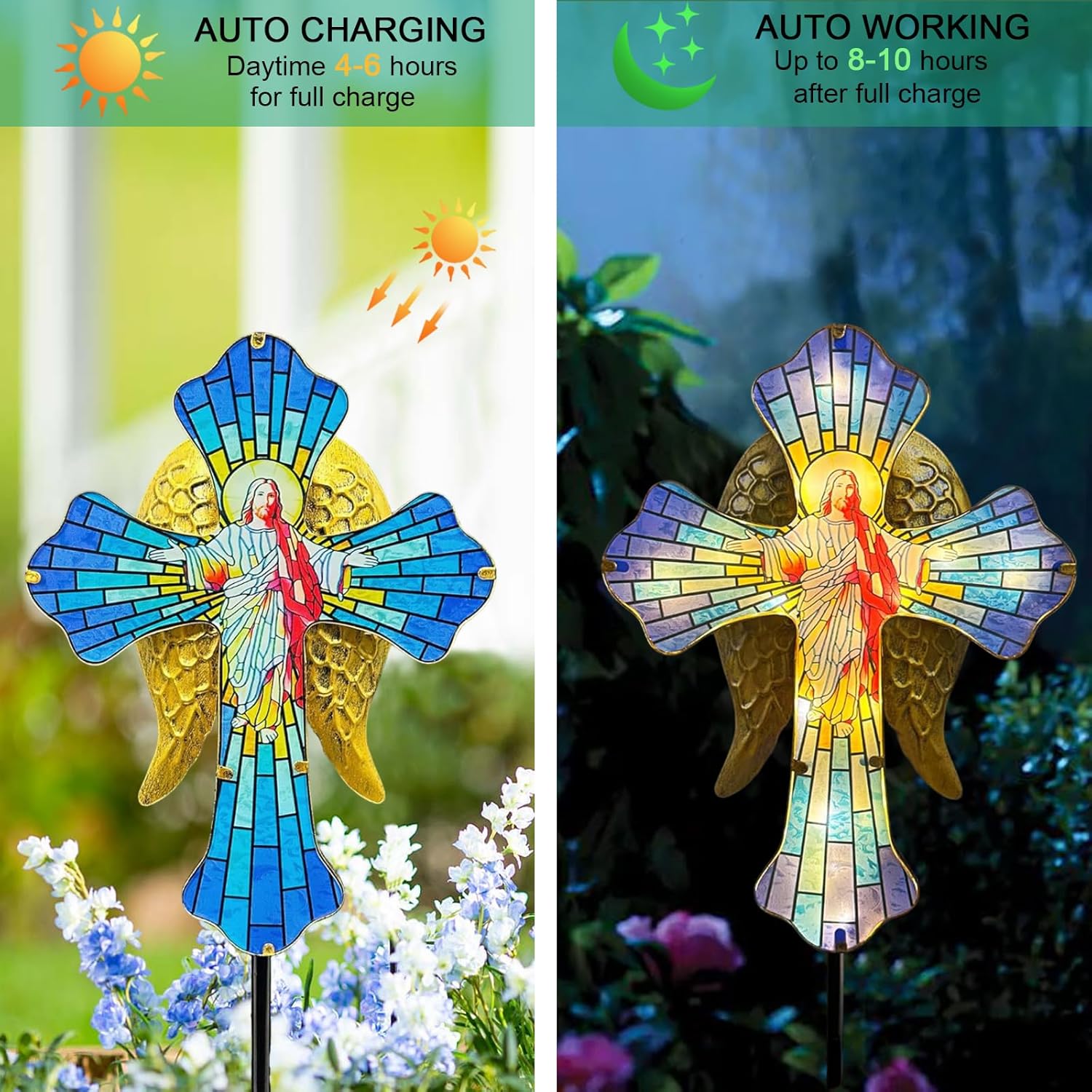 WAIU Solar Cross Garden Stake Lights, Metal Angel Wing & Acrylic Jesus Cross, Waterproof Outdoor Memorial Decor for Remembrance Gifts & Sympathy Gifts.