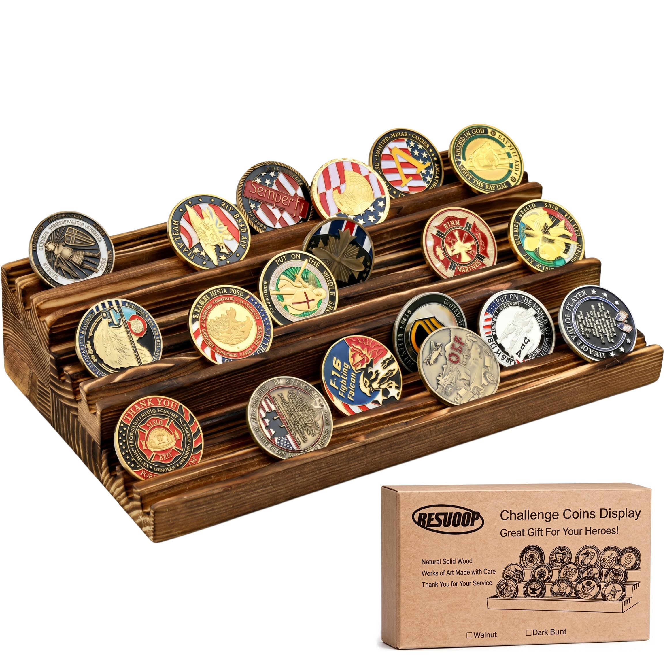 Challenge Coin Display Stand - "Every Scorch Mark Witnesses Glory" Solid Wood Military Coin Rack | 9-Row Ladder Design Holds 45-60 Coins | Desktop Holder Gift for Army Police Firefighters (Dark Burnt with Desert Camo Vibe)
