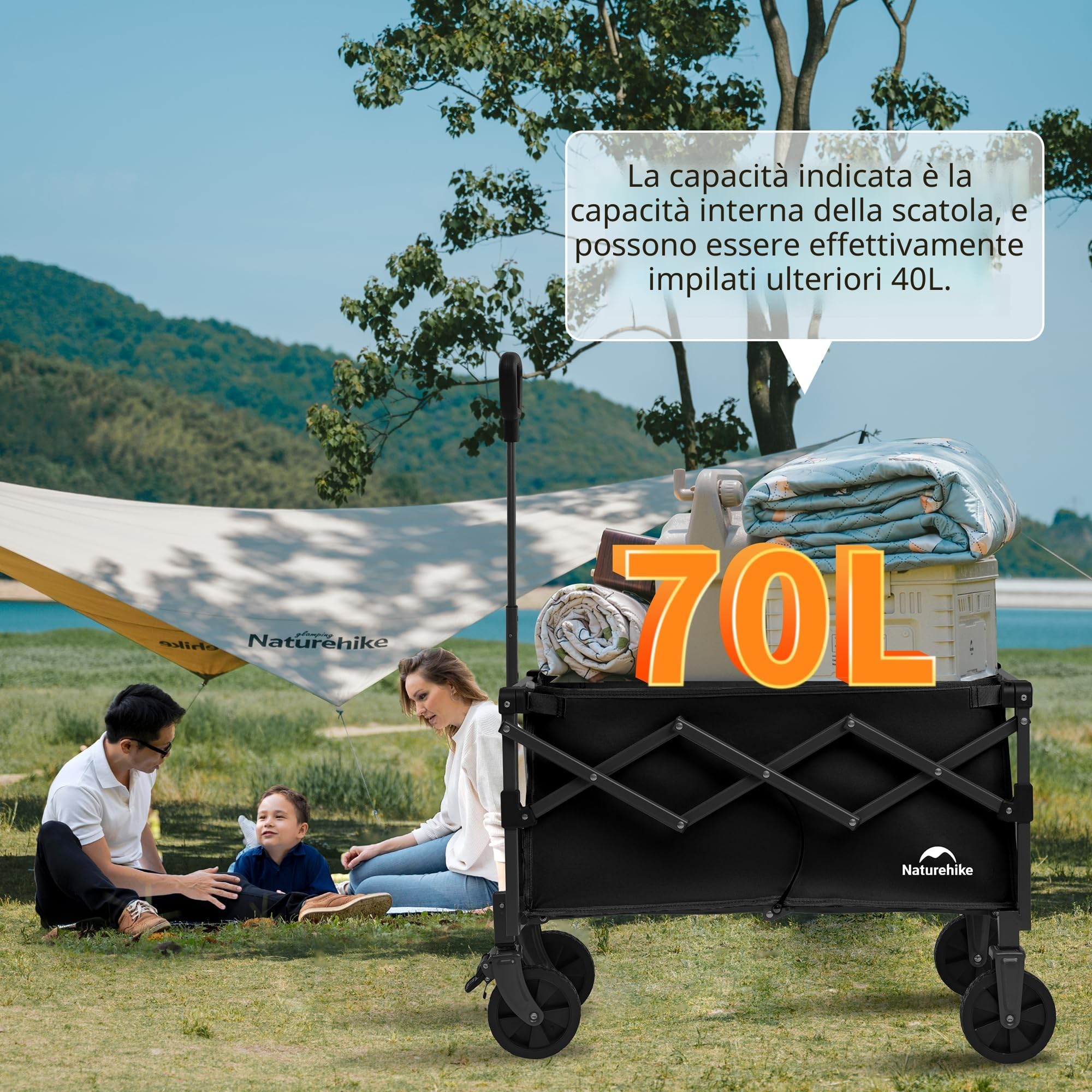 Naturehike Carrello da giardino pieghevole, carrello porta attrezzi da spiaggia adatto a tutti i terreni, con pneumatici larghi girevoli a 360 gradi, portata 120 kg, adatto per campeggio, parco picnic