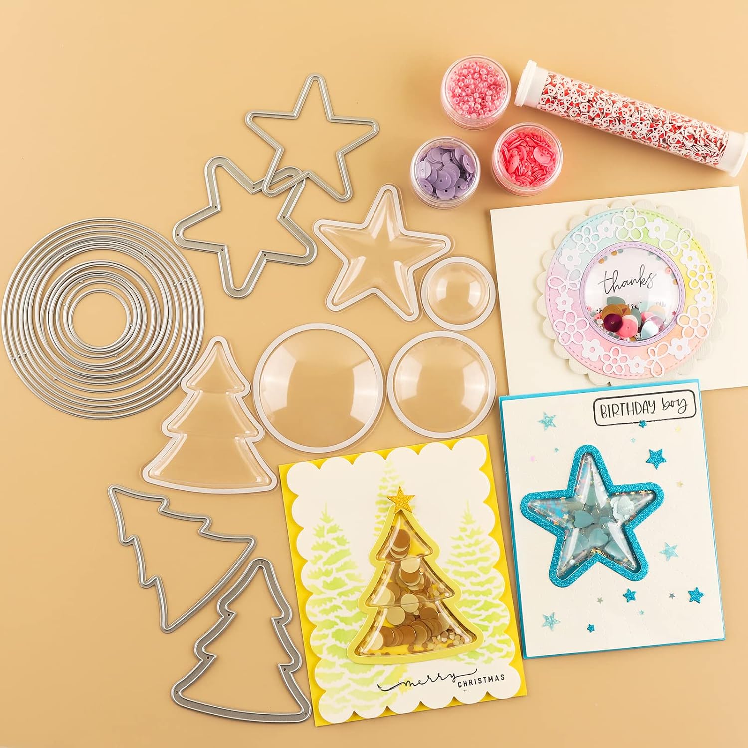 40 Pcs Circle Shaker Domes 4 Sizes with 17pcs/Set Circles Metal Dies for Card Making Peel-Away Adhesive Circle Clear Plastic Dimensional Domes for Shaker Card Making Paper Crafting Handmade Crafts