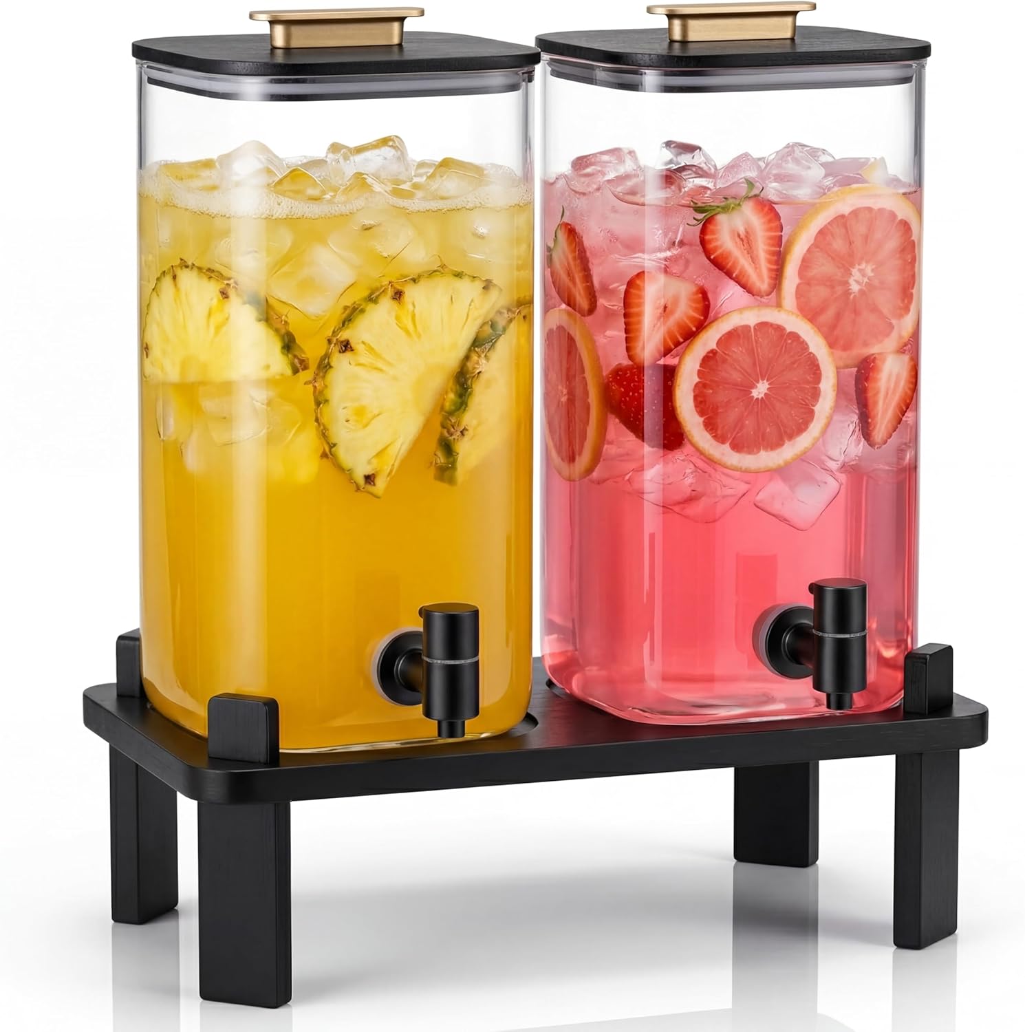2 PCS 3 Gallon Drink dispenser, Glass Beverage Dispenser With Wood Stand, Large Water Drink Dispensers For Spa, for bars, office waiting room beverage dispenser modern Black