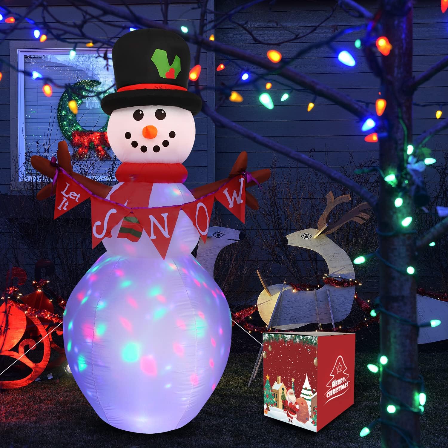 Rubikliss 6 FT Christmas Inflatable Snowman Decoration, Rotating Colorful LED Lights Blow Up Inflatables Snowman with Banner Yard Decorations for Holiday Xmas Party Indoor Outdoor Garden Lawn Patio