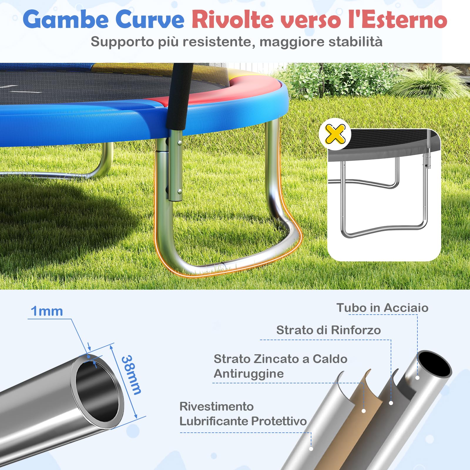COSTWAY Trampolino Elastico per Bambini e Adulti 244 cm/305 cm/366 cm, Tappeto Elastico da Esterno con Rete di Sicurezza, Scala e Telaio in Acciaio Zincato Antiruggine