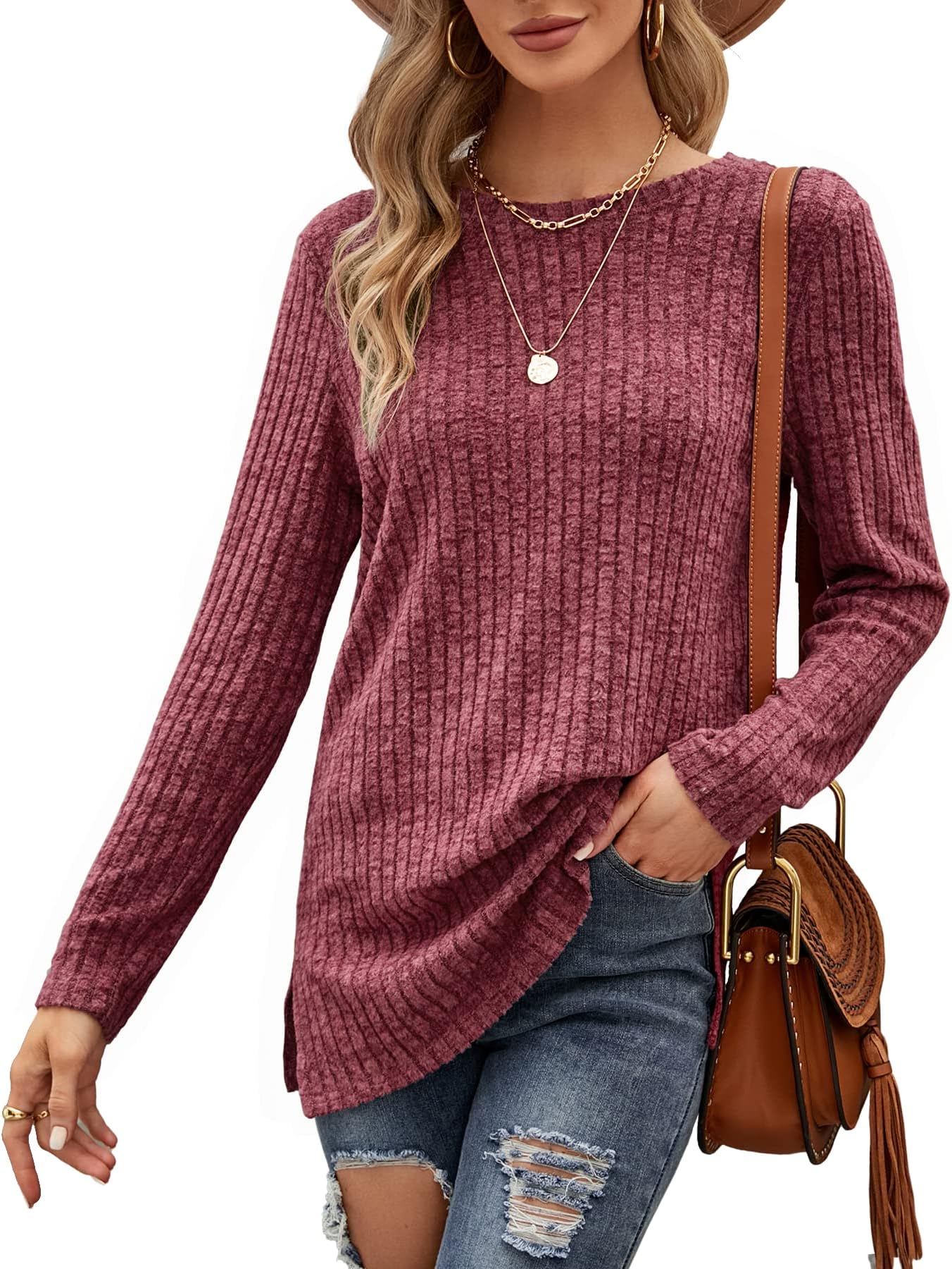 OdosaliiWomen's Casual Long Sleeve Shirts Side Split Crewneck Sweaters Ribbed Knit Plain Tunic Tops Basic Pullover