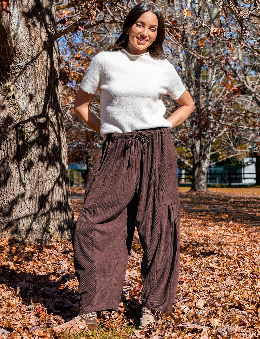 TARSE Womens Corduroy Pants Barrel Casual Loose Baggy Drawstring Wide Leg Palazzo Harem Pants with Pockets - Image 4