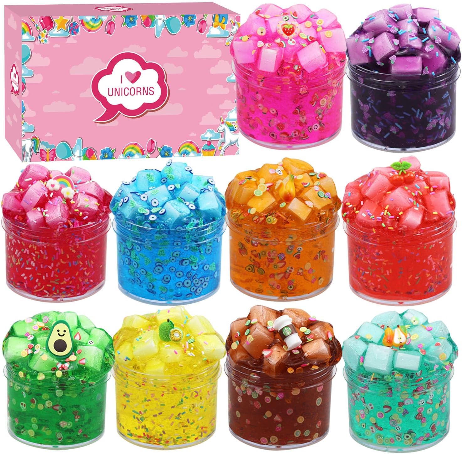 10 Pack Jelly Cube Crispy Crystal Transparent Slime Set,Themed Party Toy to Relieve Stress and Anxiety, for Girls and Boys,Including Party Gift