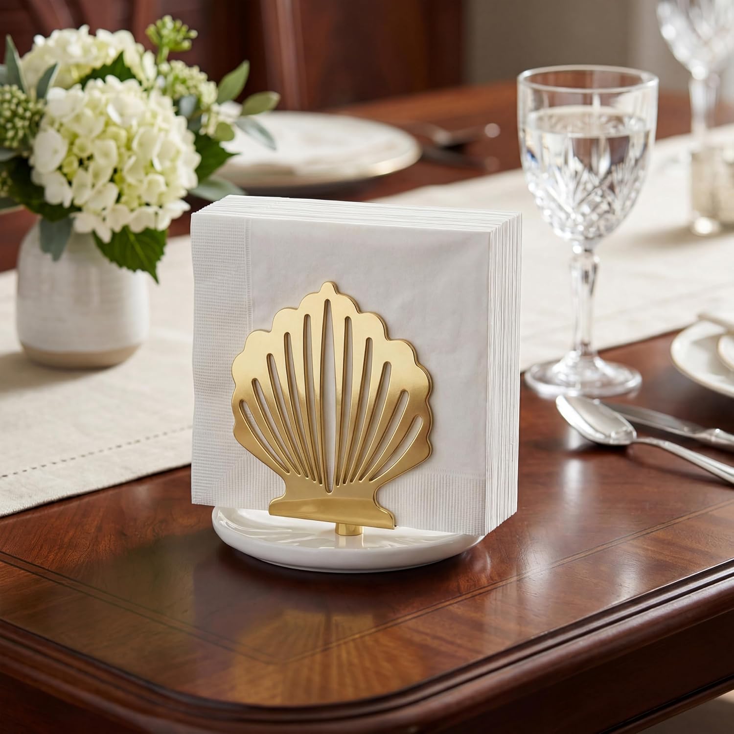 VROOMIUM Ceramic Napkin Holder for Table, Wipe-Clean and Non-Slip Base, Gold Decorative Napkin Standing Holders, Servilleteros para Mesas Elegantes