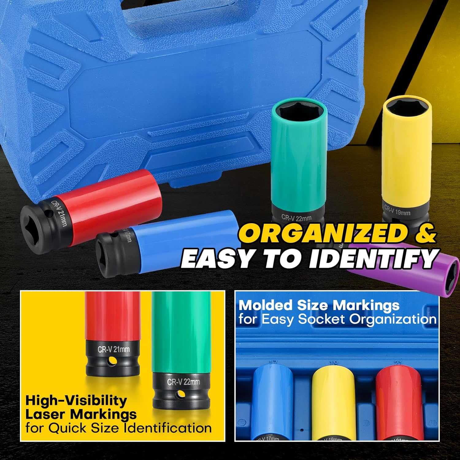 Ultimate Wheel Protector Impact Socket Set | 1/2 Inch Drive Lug Nut Socket, Non-Marring Thin Wall Design, CR-V Alloy, Color-Coded Protective Sleeve, 6-point(15 17 19 21 22 mm)