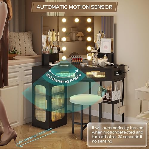 Miniatura 7 de Vlsrka Tocador de esquina negro con silla, escritorio de maquillaje con espejo y luces, escritorio de esquina iluminado con toma de corriente y