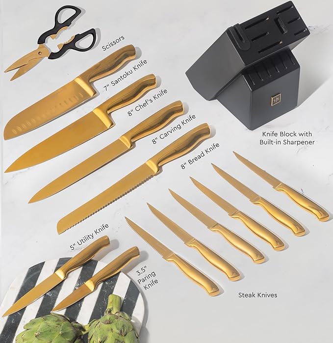 Set de Cuchillos de Cocina 16 Piezas Negro y Dorado con Afilador miniatura 5
