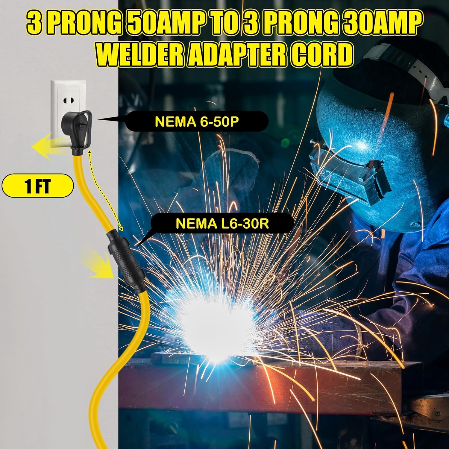 Kanayu Nema 6-50p to L6-30r 240v 30 Amp Welder Adapter Cord, 3 Prong 50amp Male Plug to Twist Lock 3 Prong 30amp Female Outlet Receptacle Generator Plasma Cutter Dryer EV Charger Power Cord Adapter
