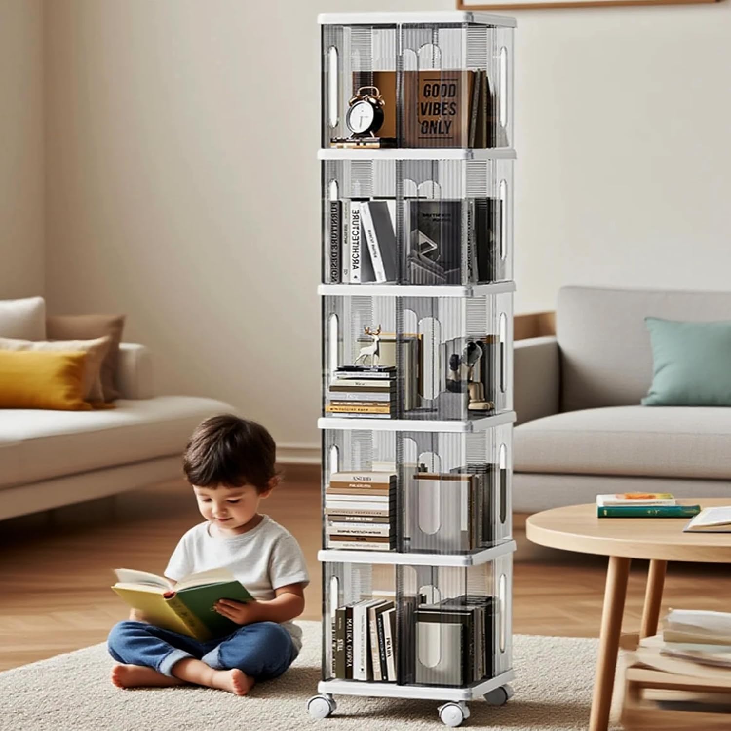 Rotating Bookshelf Tower, 360-Degree rotating bookshelves, Small Space Spinning Bookshelf with Wheels, Revolving Bookcase Suitable for Bedrooms, Living Rooms, Studies and Offices (Grey,5Tier) - Image 3