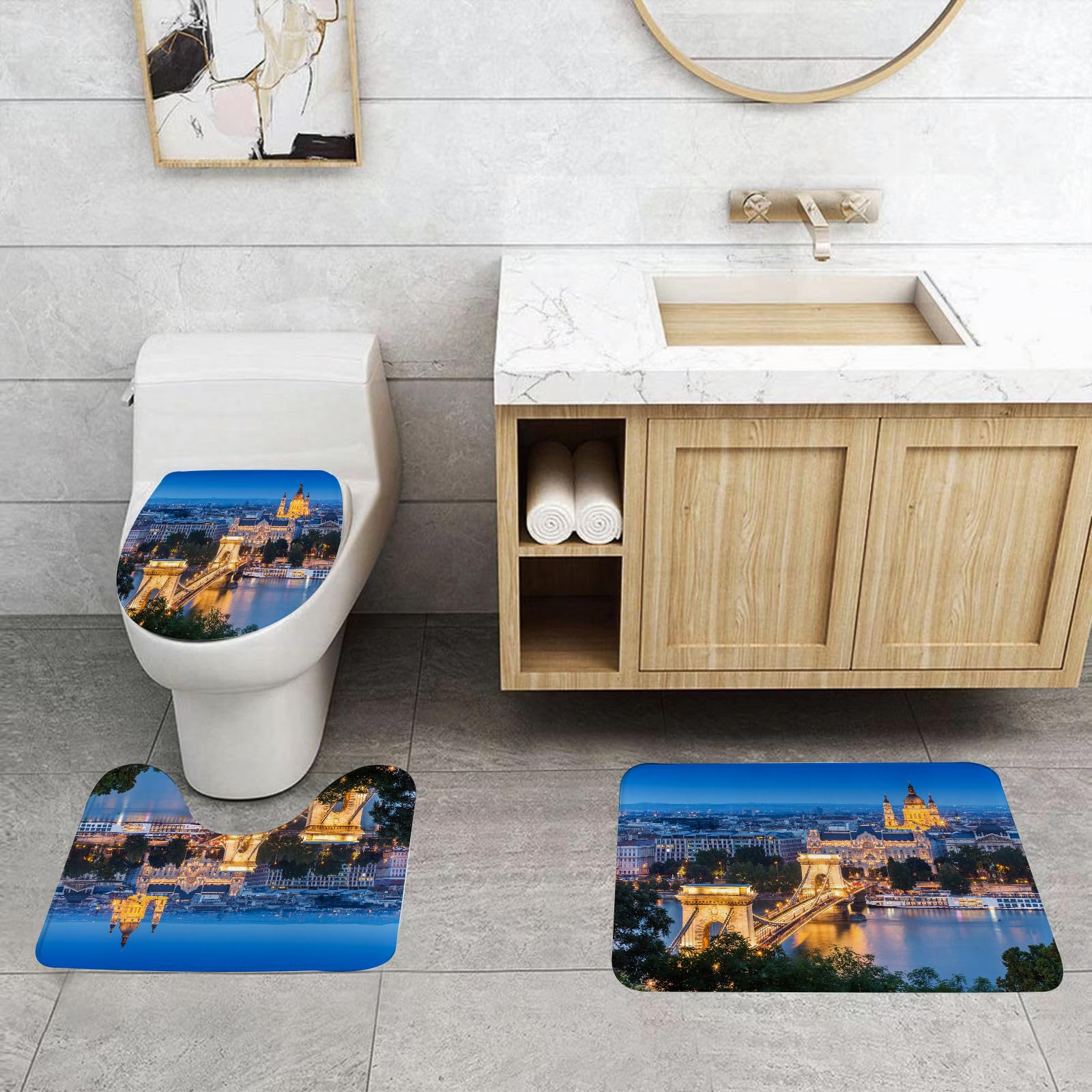 Set di 3 tappetini da Bagno, Lavabili in Lavatrice e Antiscivolo, in Morbida Fibra Superfine, con Vista sul Centro di Budapest Attraverso Il Danubio e sullo splendido Panorama urba