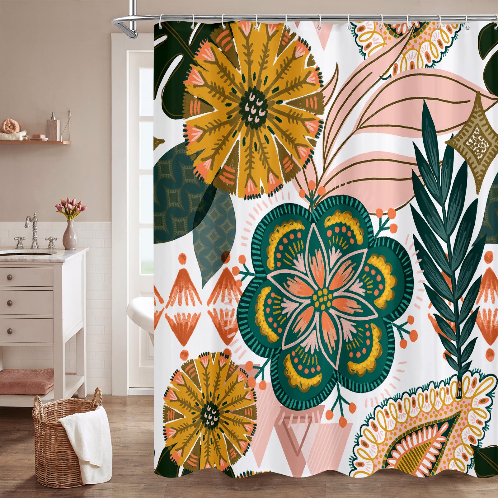 Boho Floral Shower Curtain, White &amp; Pink Botanical Curtain, 72 x 78