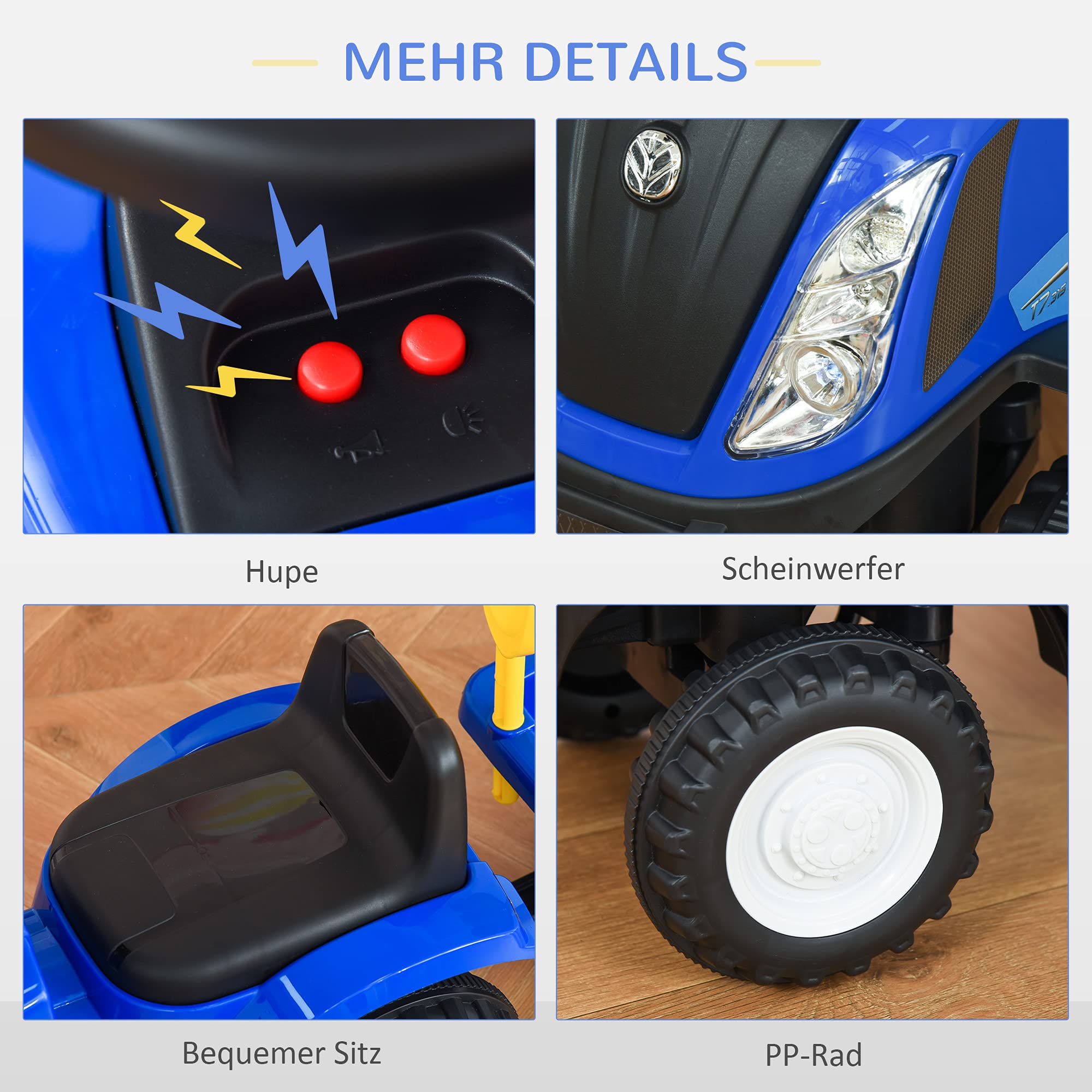 HOMCOM dzieci jeździk NEW HOLLAND pchacz auto dziecięce pojazd dziecięcy klasyczny samochód chodzik z klaksonem tworzywo sztuczne metal niebieski 91 x 29 x 44 cm
