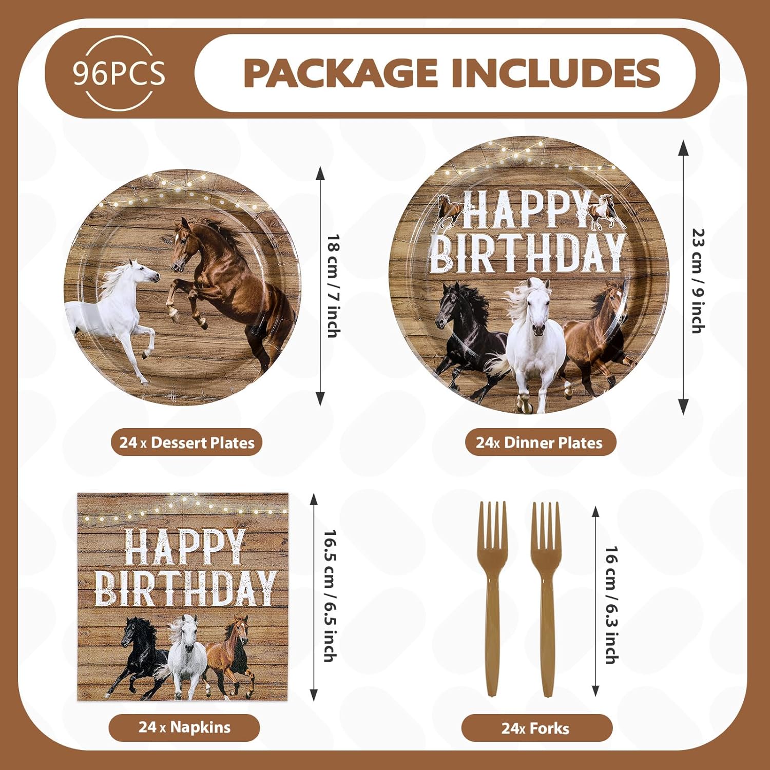 96Pcs Horse Birthday Decorations Racing Horse Plates and Napkins White Brown Black Horses Birthday Decorations Favors for Cowboys Cowgirls Western Theme Bday Baby Shower Party Supplies Serves 24 - Image 5