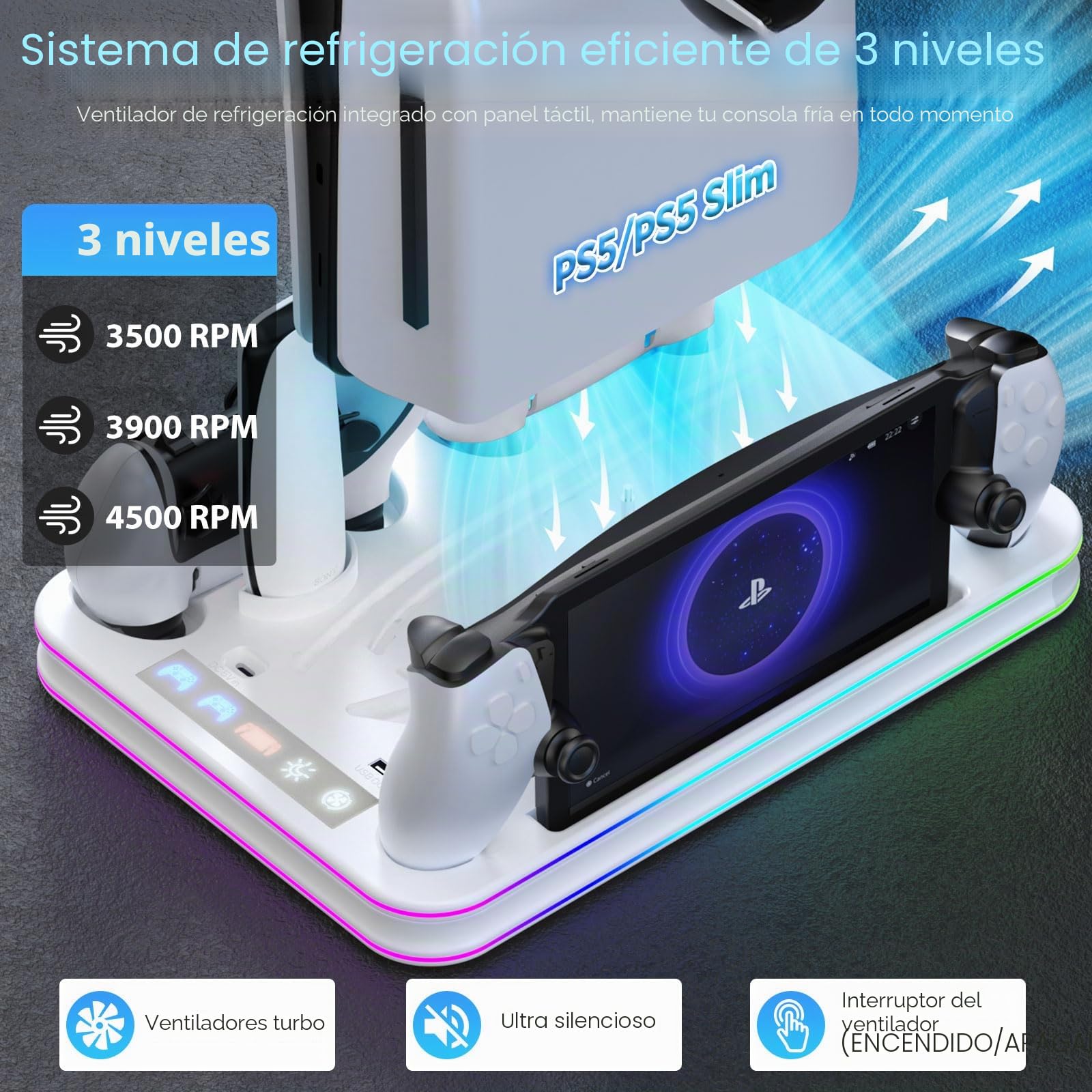 PS5/PS5 Slim/PS5 Pro Stand con Ventilador de Enfriamiento, Soporte PS5 Vertical con Luz RGB Base de Carga PS Portal y Controlador de Doble Sentido/Borde Sccesorios Delgados P5/P5 Slim/P5 Pro