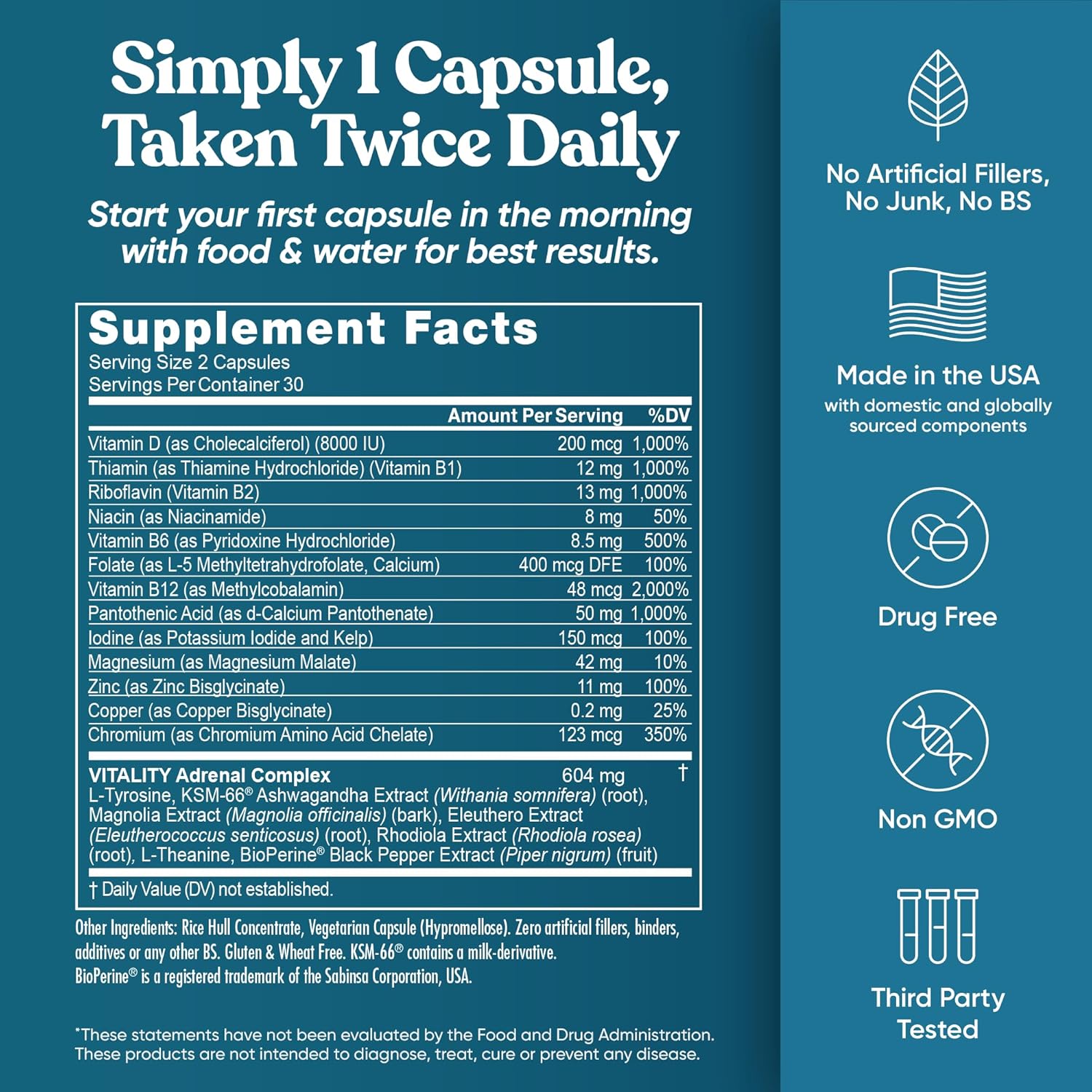 Vitality Cortisol Supplement – Fight Fatigue, Feel Calm & Balanced – Healthy Cortisol, Focused Energy, Adrenal Support – Ashwagandha Supplement with Rhodiola, L-Tyrosine, Magnolia – 60 Veg Capsules