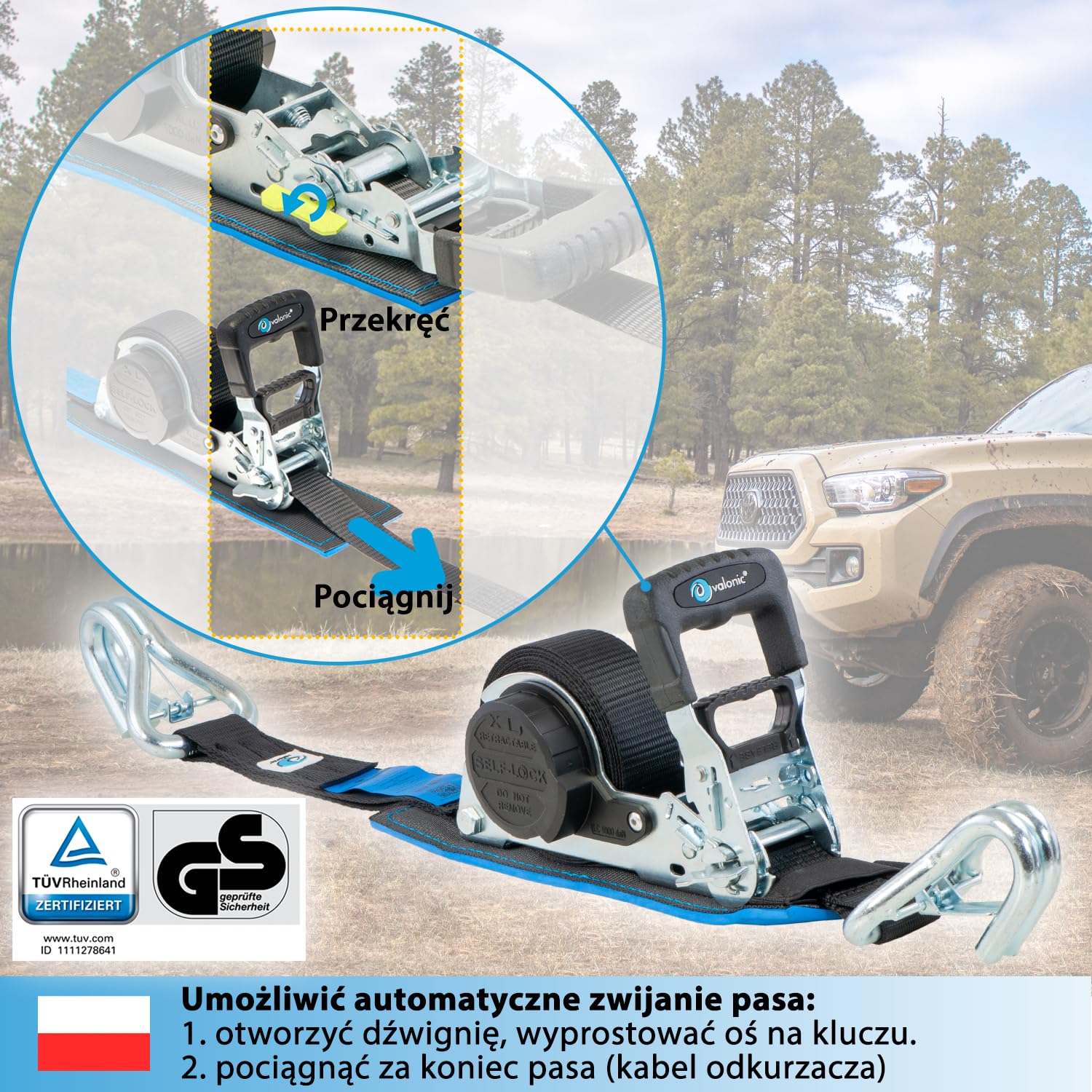 valonic GRIZZLY - XXL Automatyczny pas mocujący Premium z karabińczykiem, wyściełany, 2 sztuki, 5m, 35mm, 800/1600 kg, z grzechotką, EN-12195-2, czarny