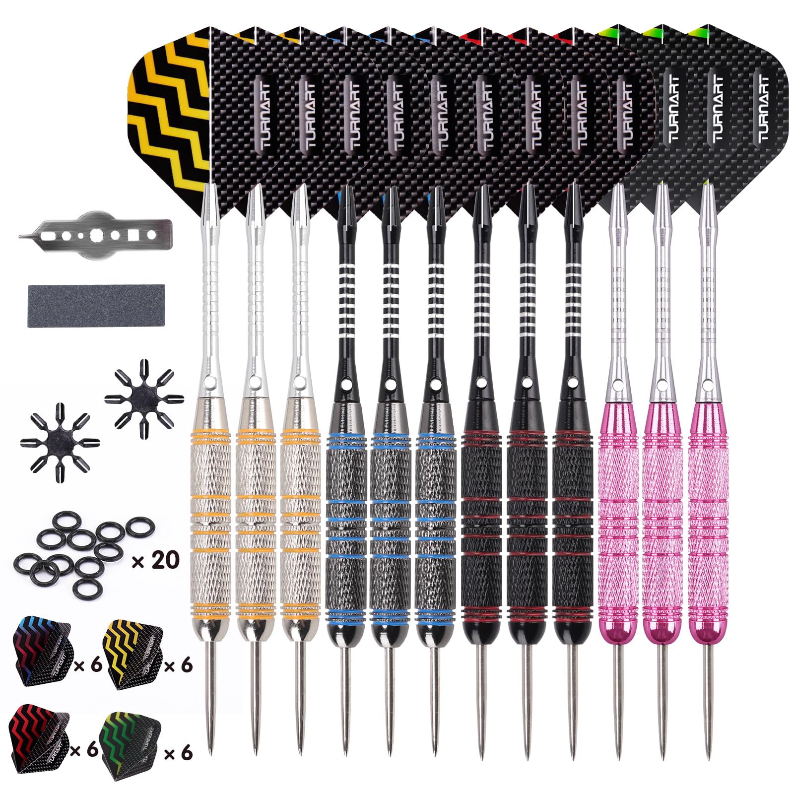 Turnart Darts Metal Tip Set - Steel Tip Darts Darts Set Professional Metal Darts Dart Board Set 12 Pcs 24 Gram 20 O-Rings Aluminum Darts Shafts 24 Extra Flights Darts Tool