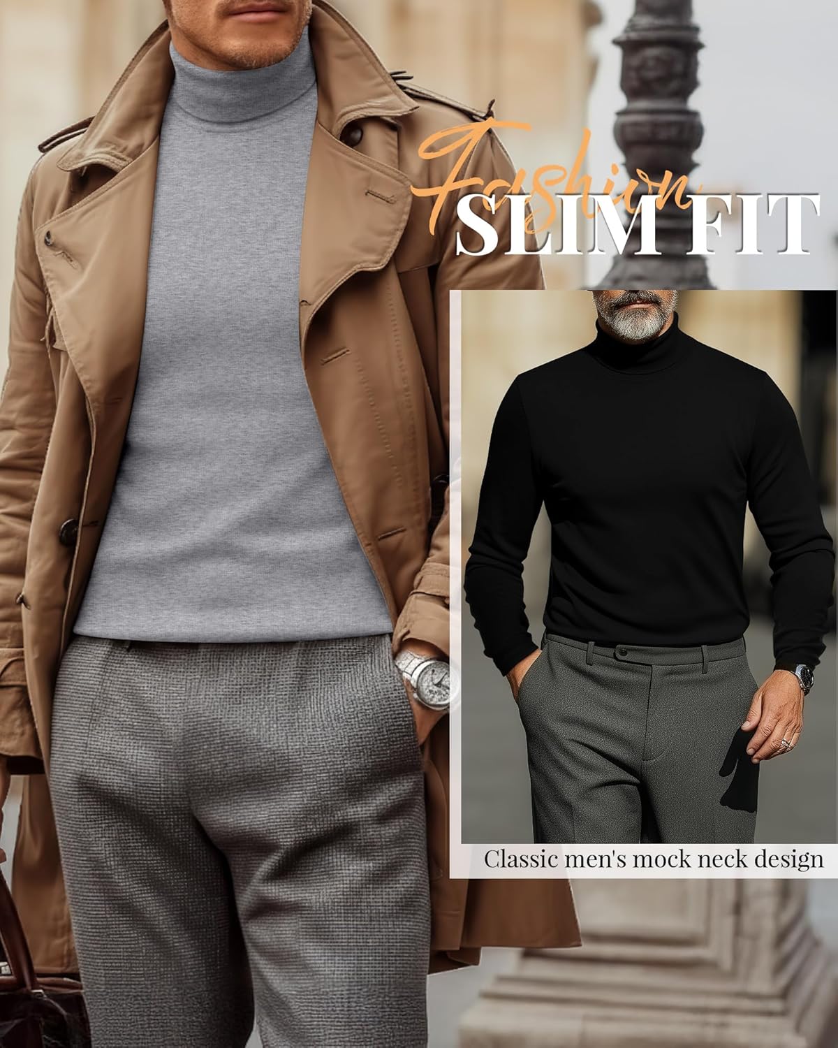 Ficerd 3 Pack Men's Turtleneck Shirts, Long Sleeve Cotton Pullover Sweaters Mock Neck Knitted T-Shirt Basic Slim Fit Tops
