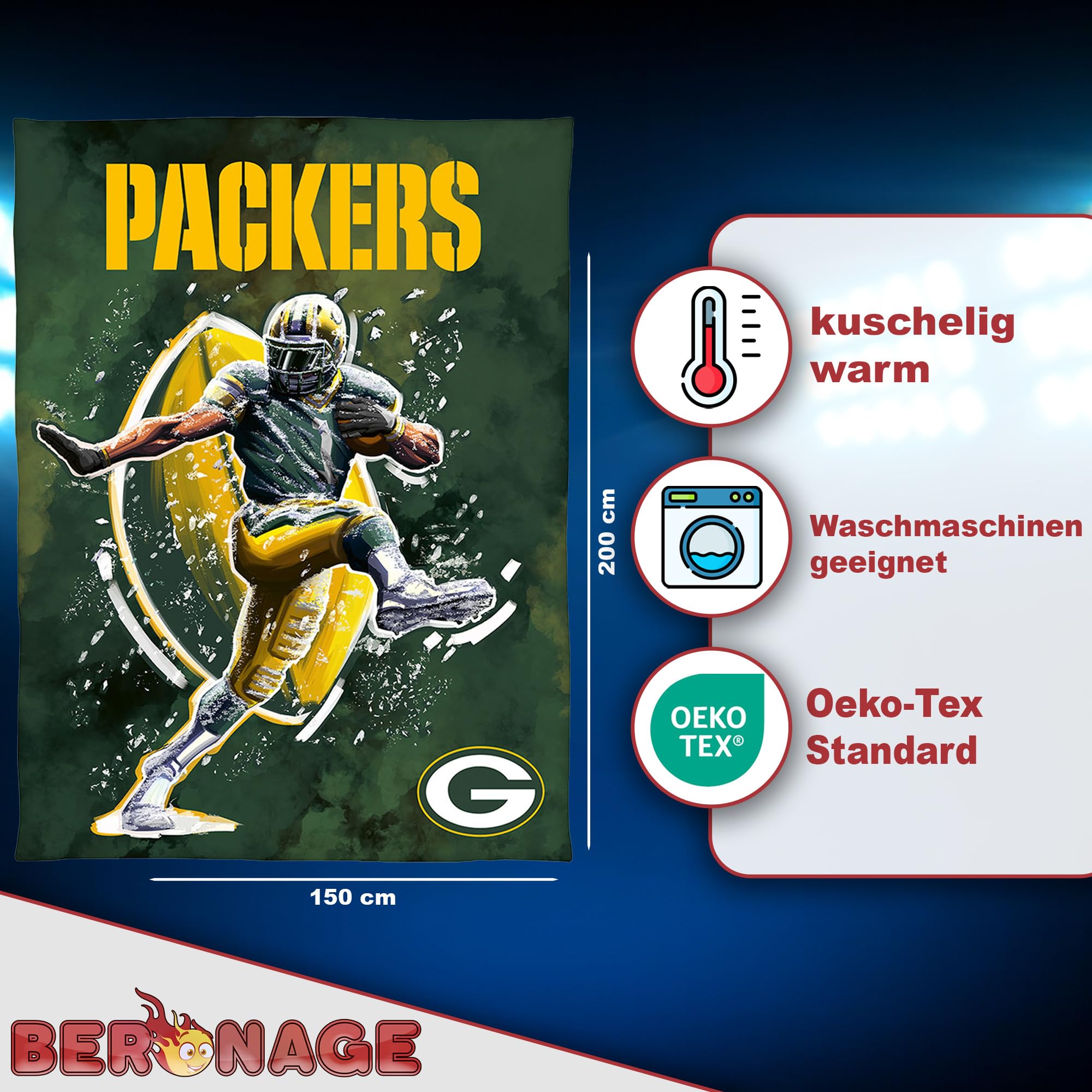 BERONAGE NFL Green Bay Packers - Coperta 150 x 200 cm, 100% poliestere, morbida e soffice, ideale come regalo