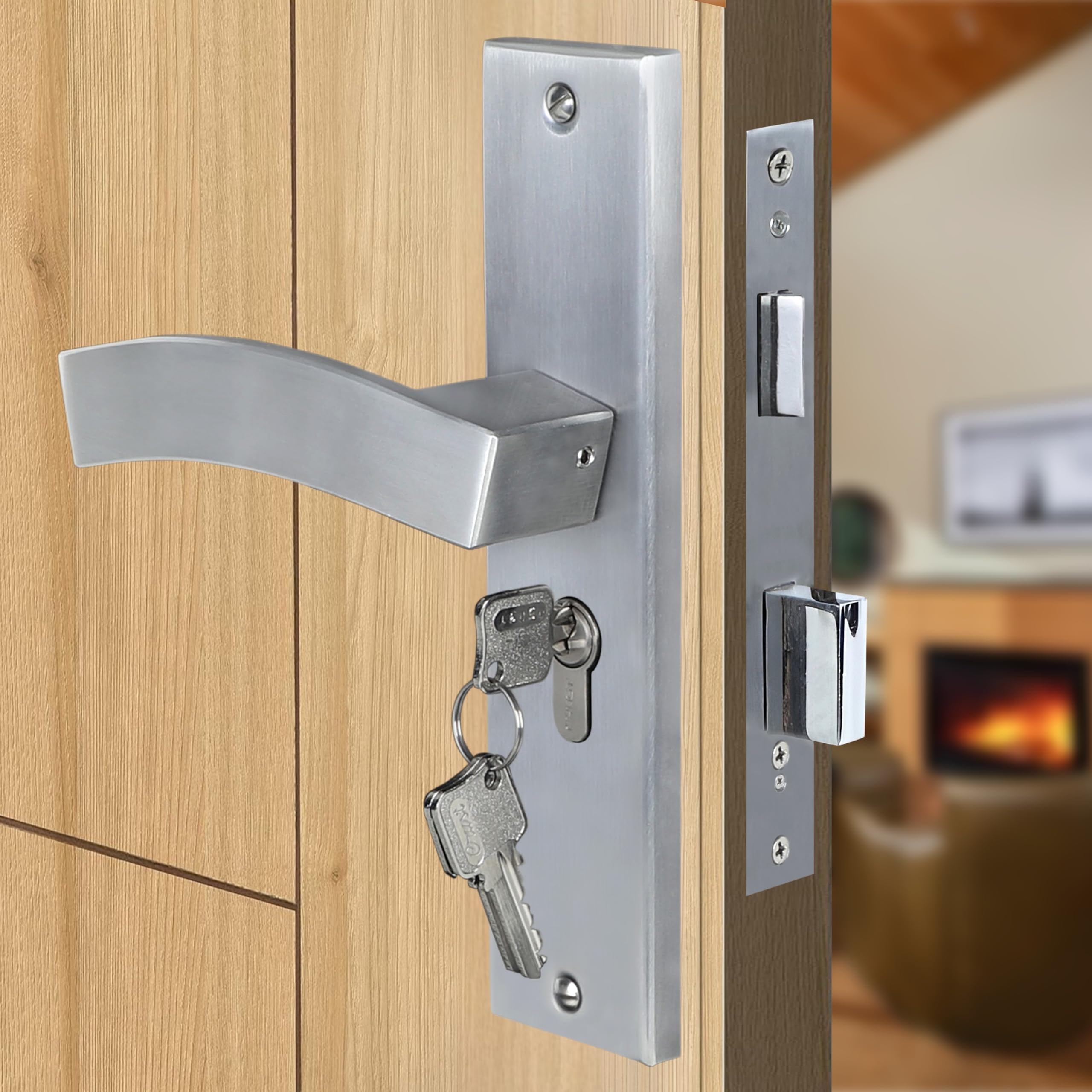 Blue Space Premium 8" Cylindrical Plate Mortise Door Lock Handle Set/Mortise Lock with Brass Lock Body and One Side Key 60mm Brass Cylinder Set with 3 Brass Computer Keys (LB10002, Matt Satin)