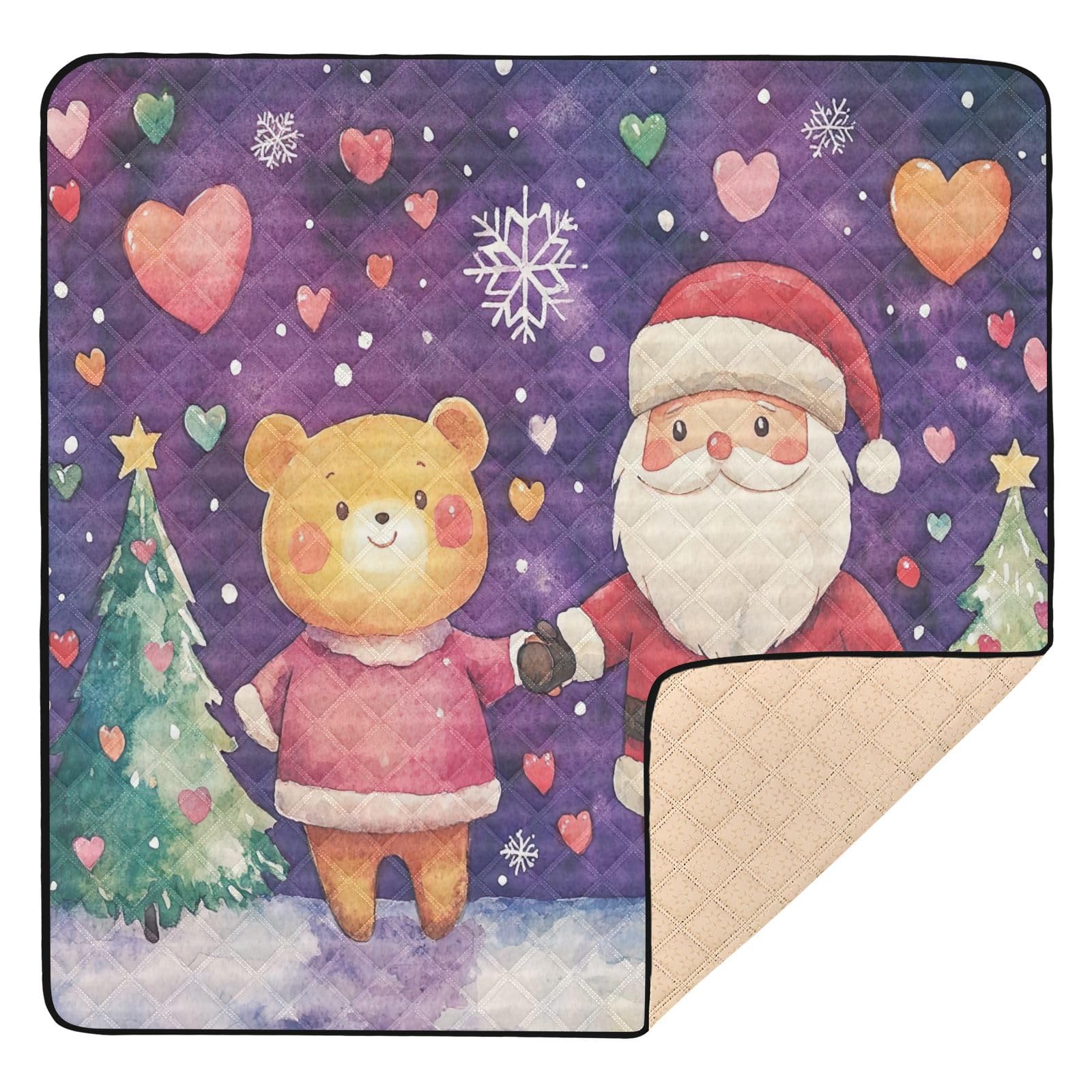 BOESI Doodle Bear and Santa Claus Pattern Baby Play Mat, 50“ X 50” Washable Folding Crawling Mat, Baby Floor Mat, Soft, Thick, Non-Slip