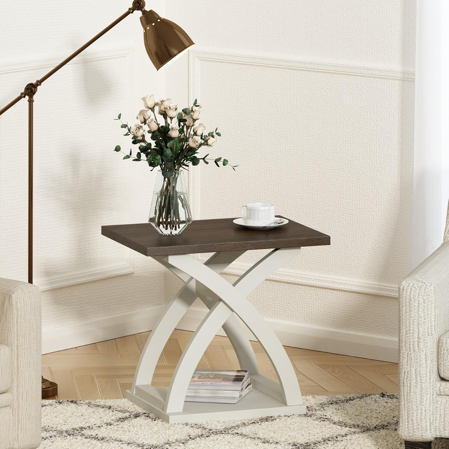 White and Brown MDF X-Design Modern End Table with Storage Shelf