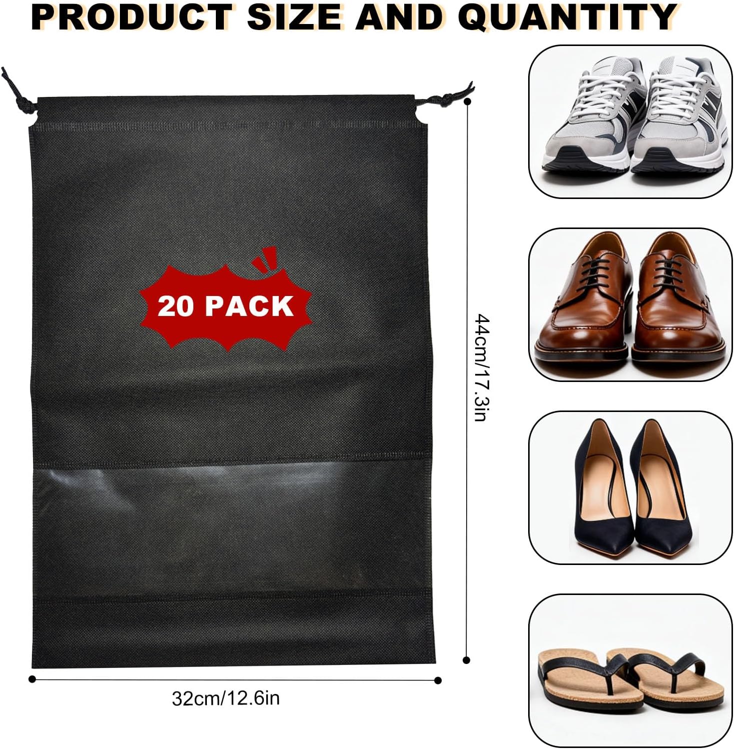 20 Pack Shoe Bags for Travel, 17" x 12.6" Drawstring Shoe Organizers with Clear Window, Breathable Non-Woven Dustproof Pouches for Luggage & Closet (Black) - Image 2