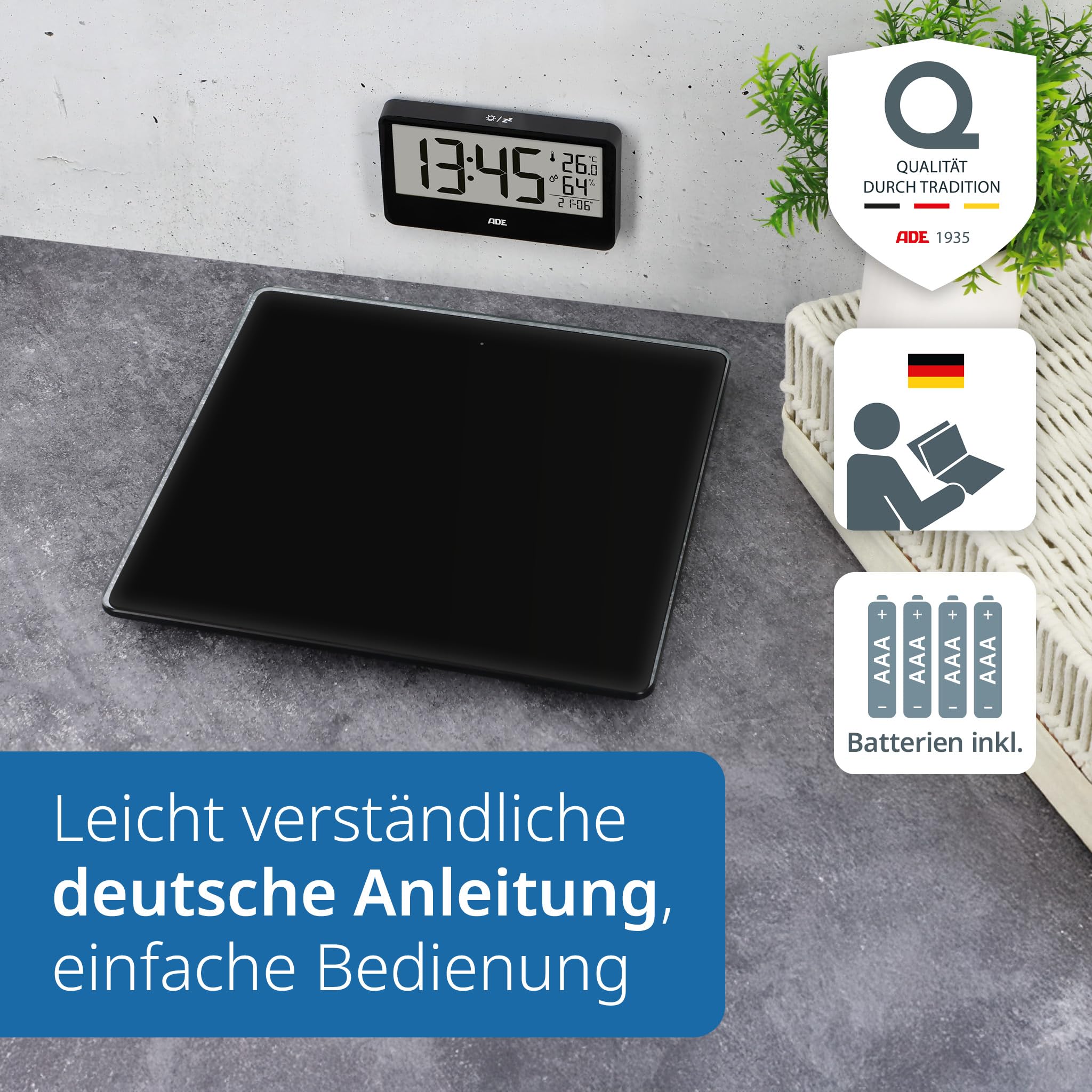 ADE Digitale Personenwaage Ronja mit Funk-Display bis 180 kg | ohne Bücken auf Augenhöhe ablesen | ideale Körperwaage für Senioren | mit Baduhr, Hygrometer, Innenthermometer | schwarz