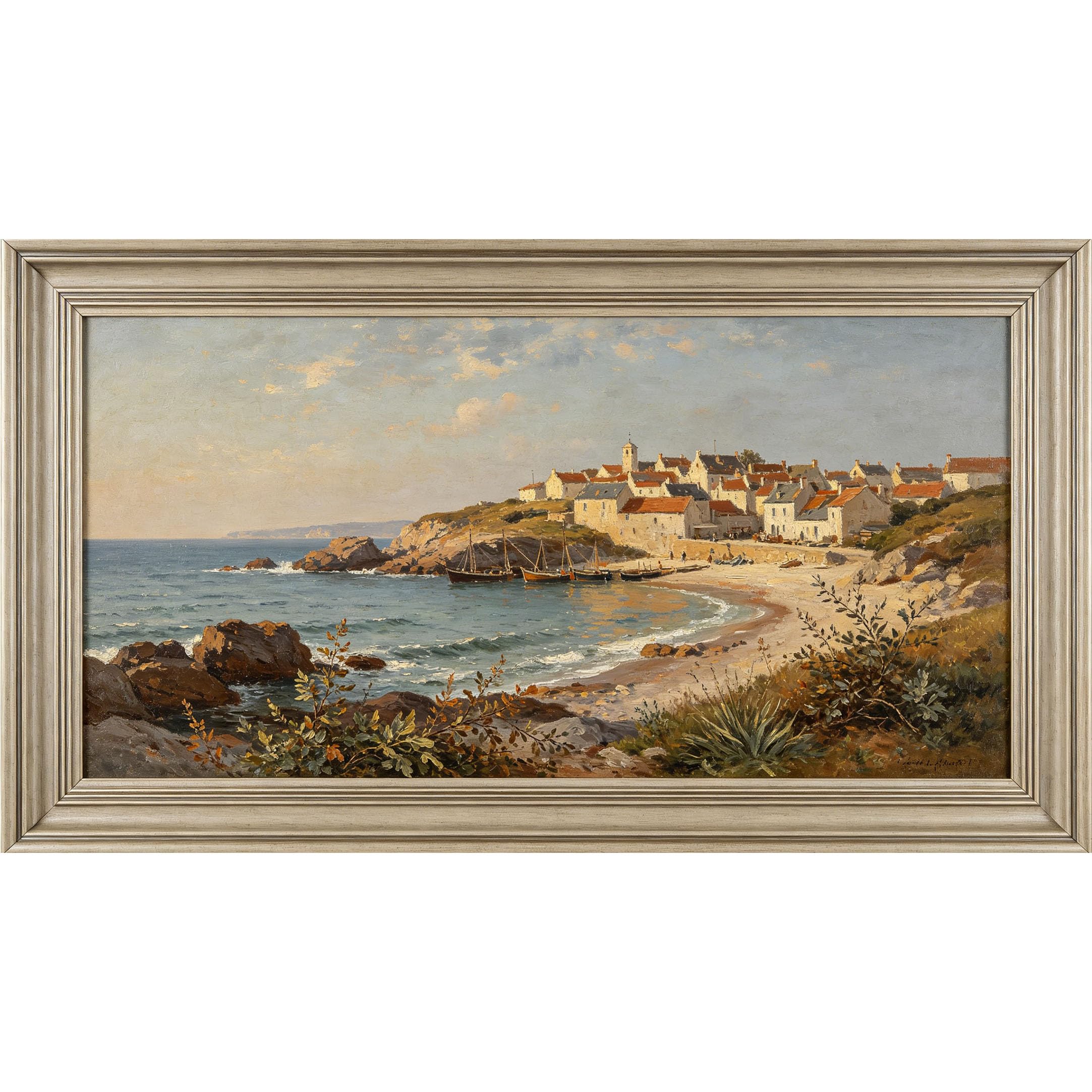 QZLITHOTIC 50×100cm 3D Framed Wall Art， Coastal Seaside Village Landscape Boats Ocean Shore Self?Adhesive Mural， Water?Activated Peel & Stick Fabric Decor Wall Decal for Bedroom Living Room
