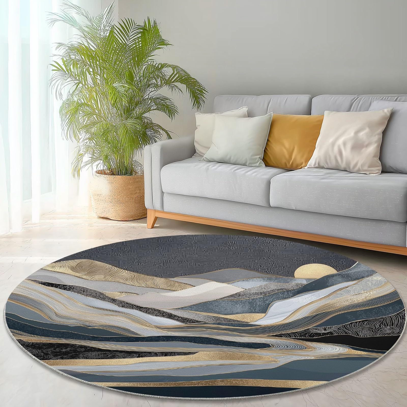 Tappeto Rotondo da 150 cm, con Motivo Astratto a Strisce di Montagna, Lavabile in Lavatrice, Morbido e Antiscivolo, Ideale per Camera da Letto, Soggiorno, Cucina e Arredamento casa