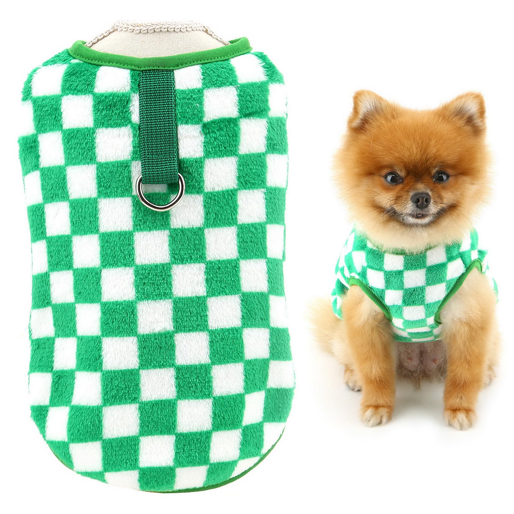 SMALLLEE_LUCKY_STORE Fleece Dog Sweater for Small Dog Checked Pet Sweatshirt with D-ring Puppy Pullover Warm Winter Fall Vest Chihuahua Daily Wear Outdoor Clothes, Green, L