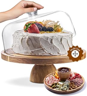 Homesphere Acacia Wood 12in Cake Stand with Dome Lid - 2-in-1 Charcuterie Board, Shatterproof Acrylic Cover for Desserts & Parties