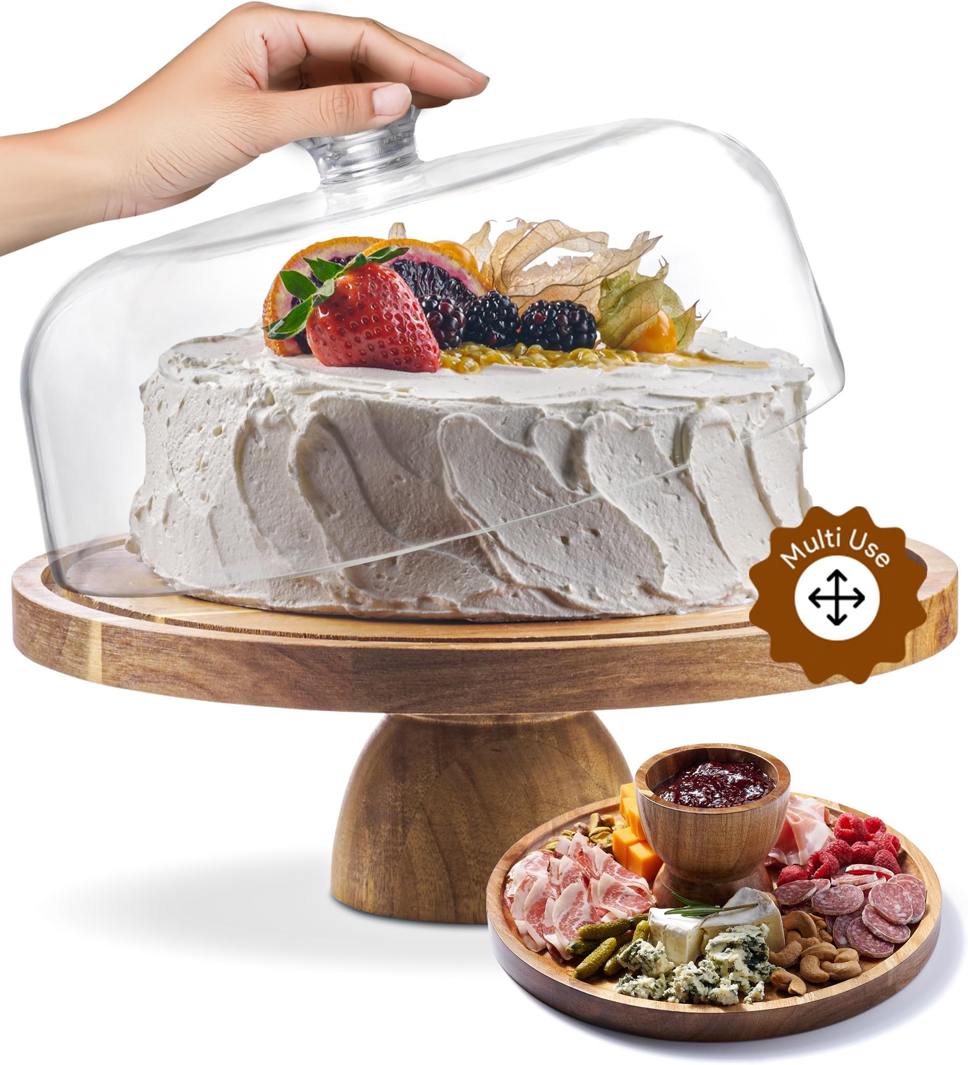 HOMESPHERE Acacia Wood Cake Stand with Lid - Cake Stand with Dome,12in Round Cake Holder, 2-in-1 Dessert Table Display Set & Charcuterie Board for Cheese, Chips & Dips, Fruit Platter, Large Acrylic Cake Dome Cover